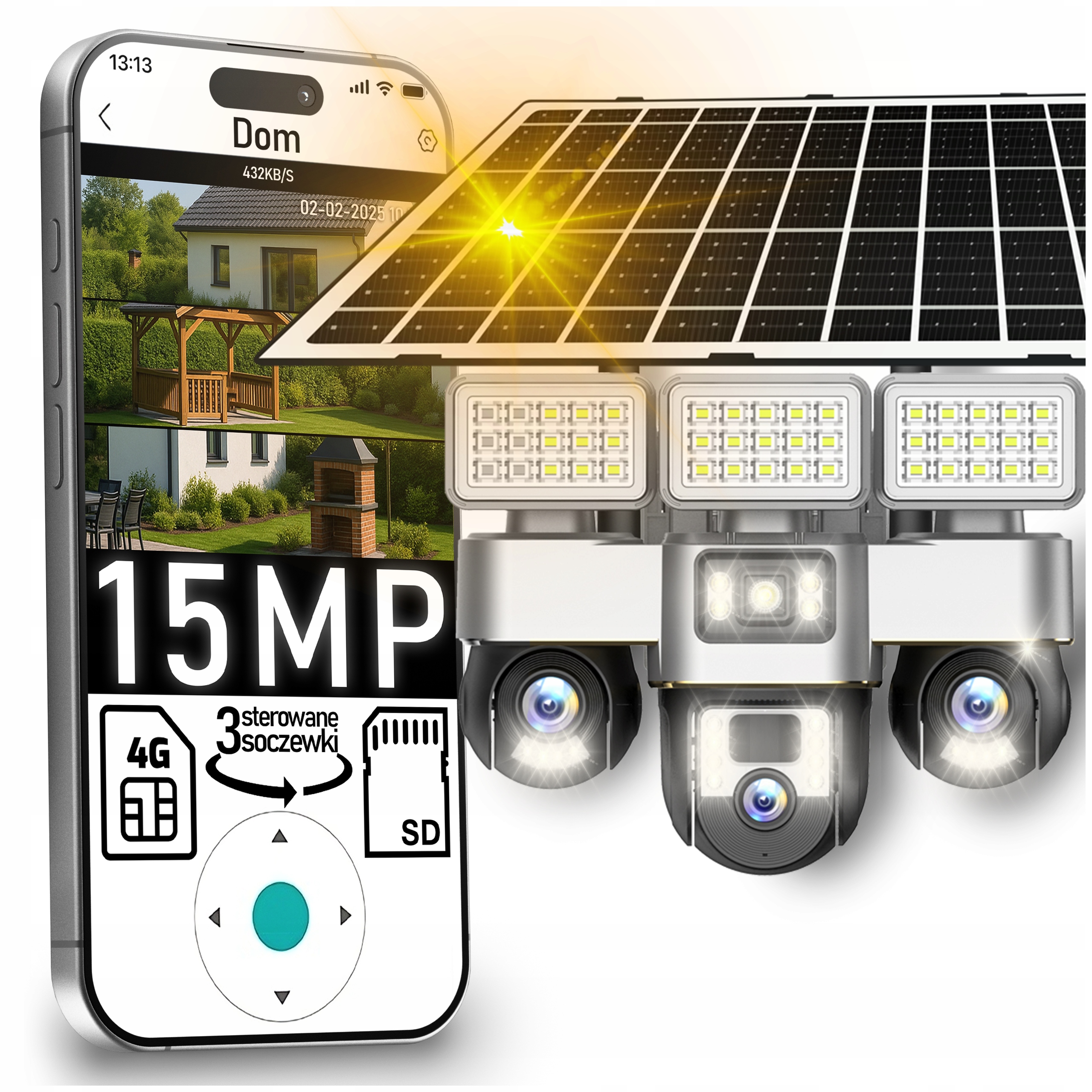 Solárna Kamera 4K Vonkajšia 3x Otočné Šošovky 15MPx Sim Karta 4G