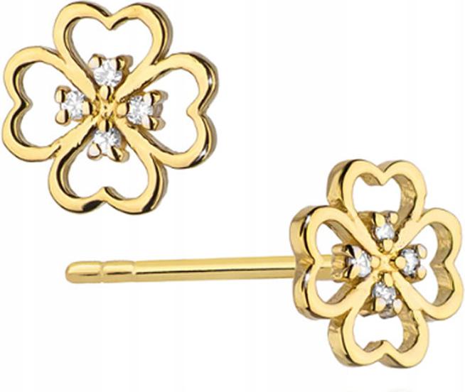 Zlaté náušnice 585 čtyřlístek s diamanty tyčinka šroubky jako dárek 14k