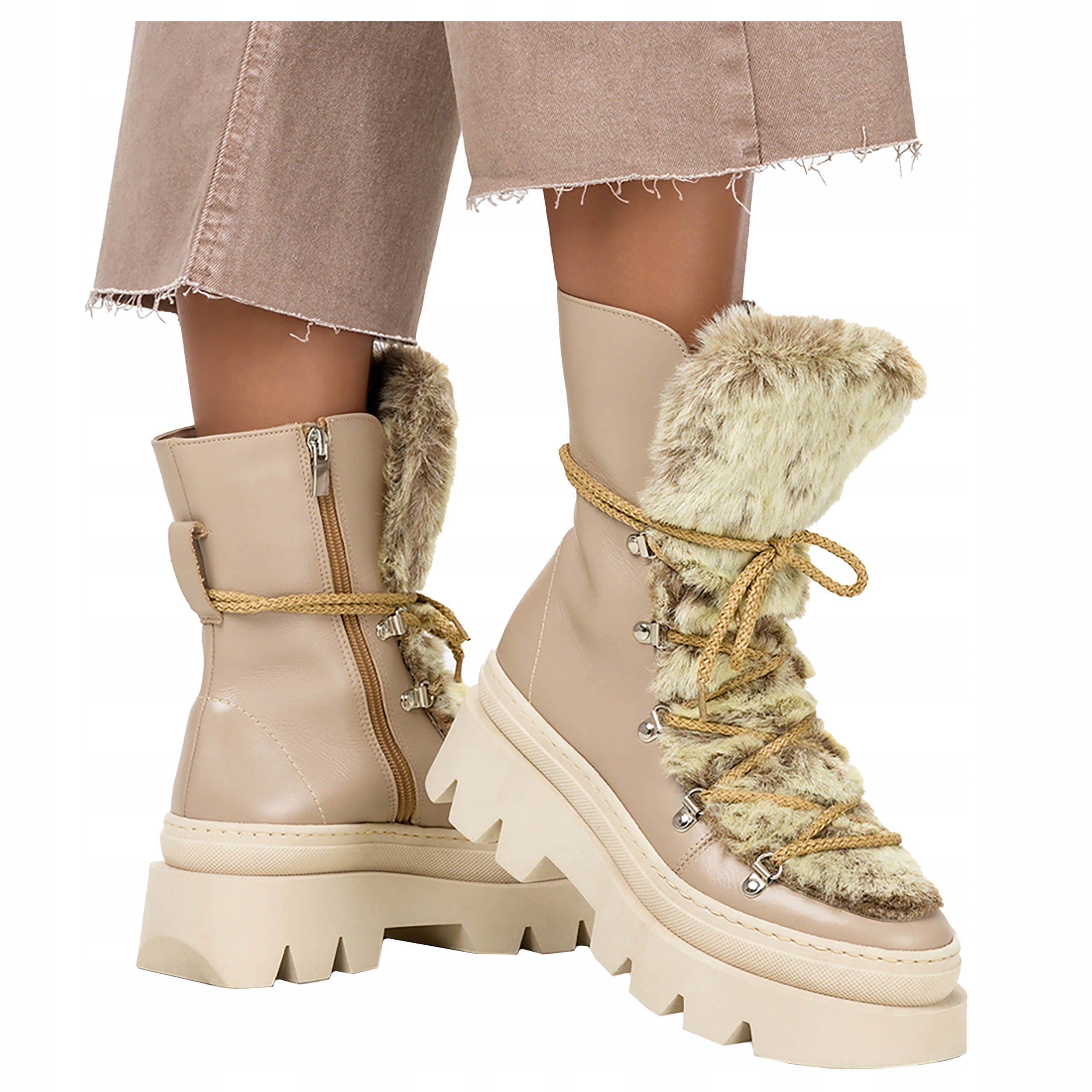 Sněhule Kotníkové Boty Béžové Dámské Kožíšek na platformě Pohodlné vel. 39