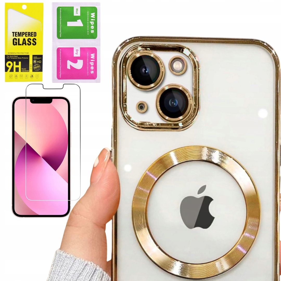 ETUI PREMIUM DO IPHONE 13 / IPHONE 14 OCHRONA APARATÓW CASE GOLD + SZKŁO