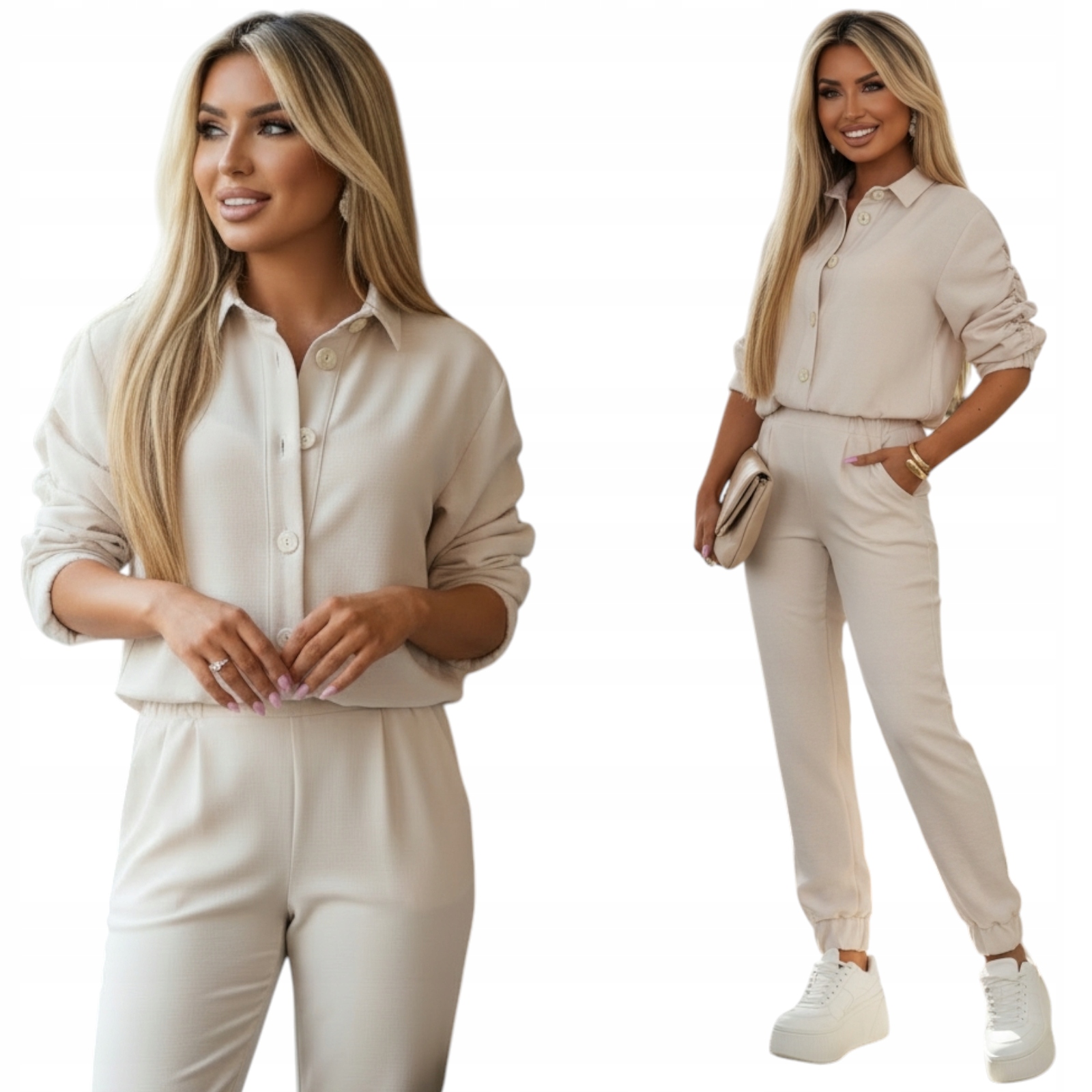 Stylový dámský komplet Mikina kalhoty Elegantní casual Béžová S