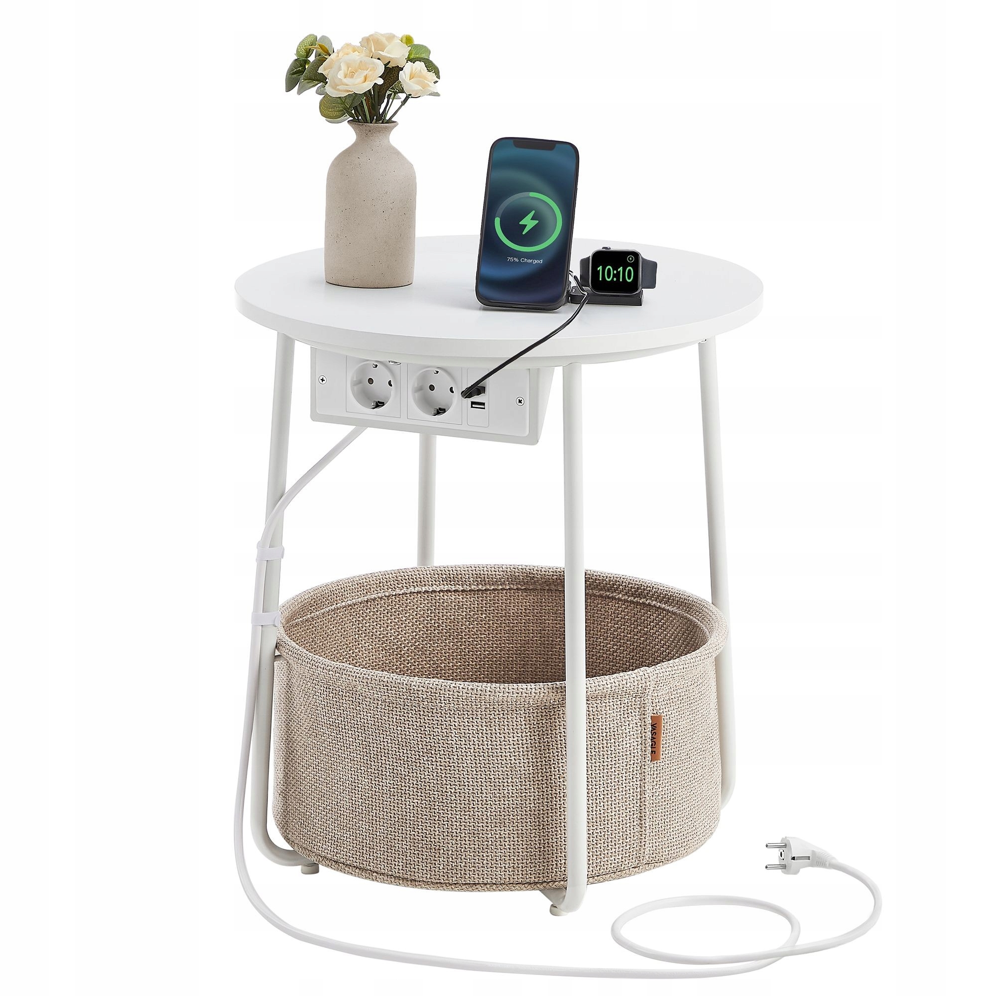 Bílý kulatý konferenční stolek s novinami a napájecí lištou, malá lavička