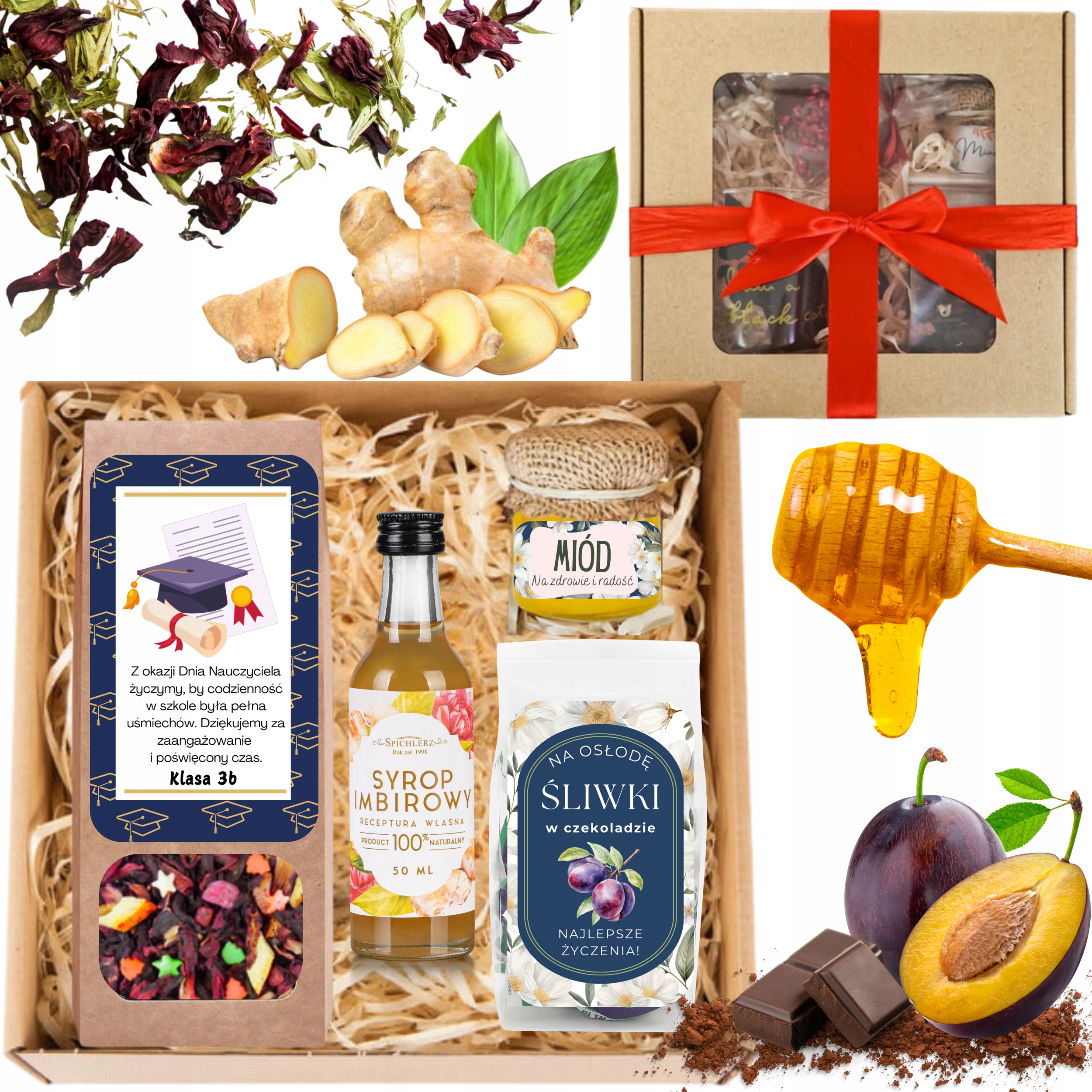 Levně Dárkový koš čaj švestky v čokoládě med zázvor Den učitelů