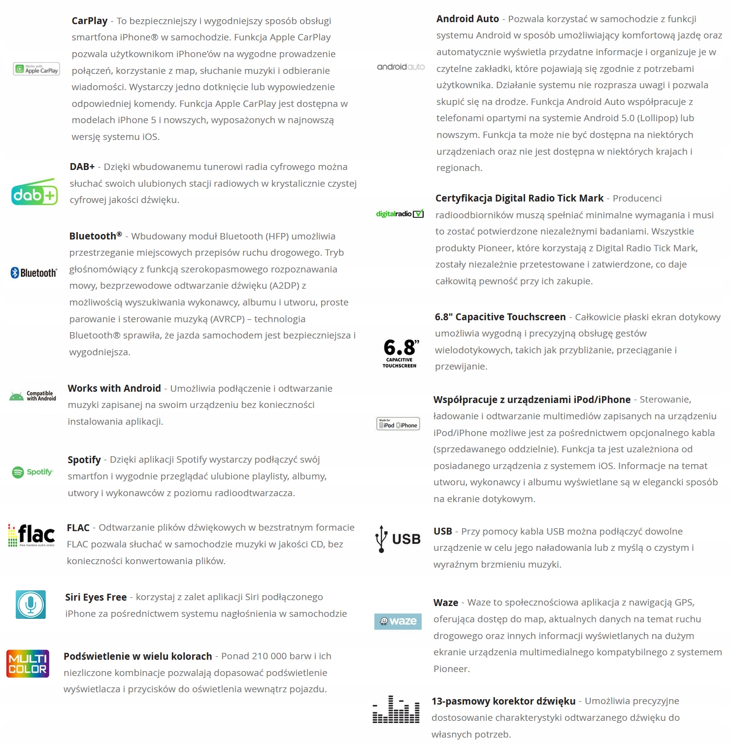PIONEER SPH-DA160DAB CARPLAY ANDROID-AUTO DAB K-ÓW Radio informacja RDS pasmo AM pasmo FM radio cyfrowe DAB+