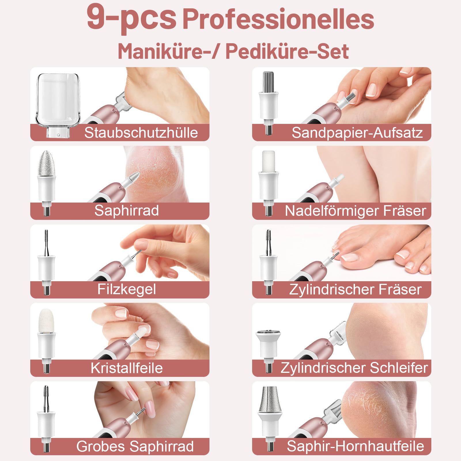 BEAUTYPRO Zestaw Manicure Pedicure Elektryczny Z 9 Końcówkami LED Etui — miniatura 6