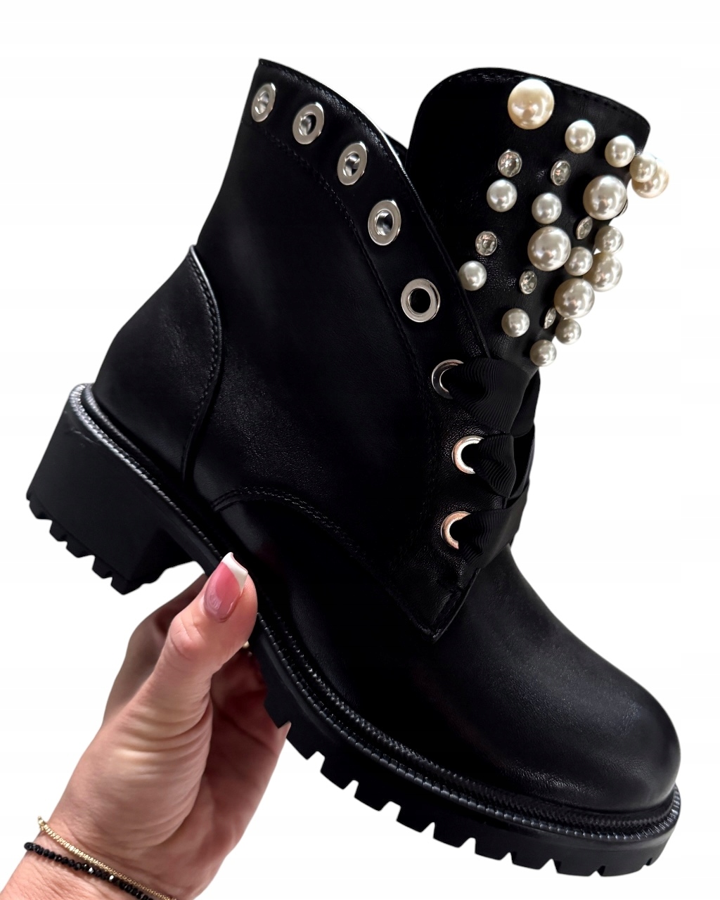 Černé Eko Kůže Kotníkové Boty Na Podpatku Zateplené Dámské Boty Zirkony Perly 36
