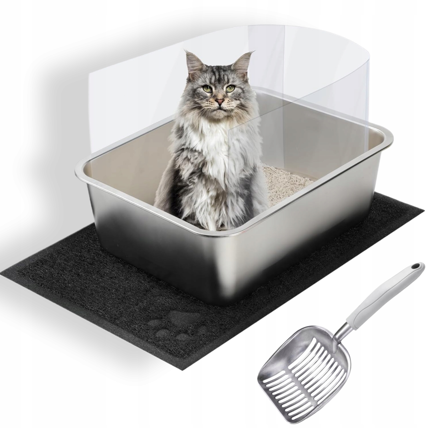 Kuweta dla kota ze stali nierdzewnej Zestaw mata szufelka oslona 45x35x15cm