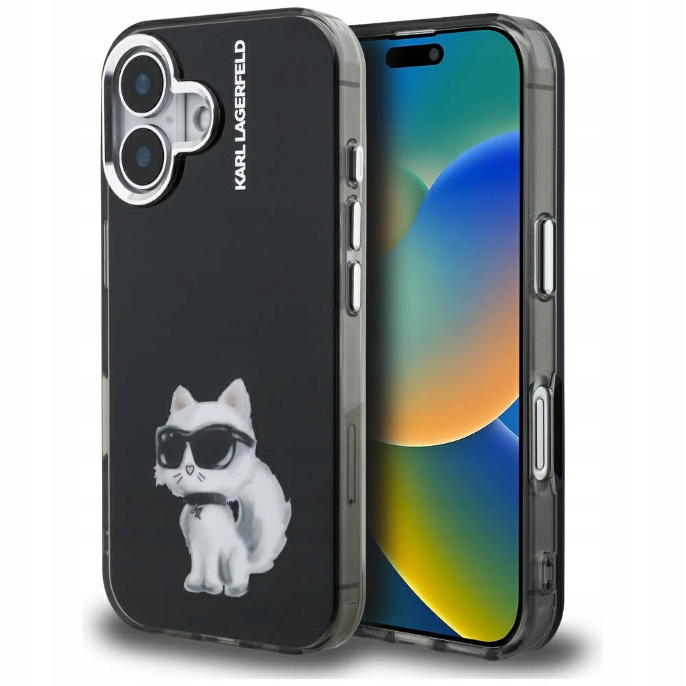 Pouzdro Karl Lagerfeld IML Aquarelle Choupette & Logo pro iPhone 16 černé