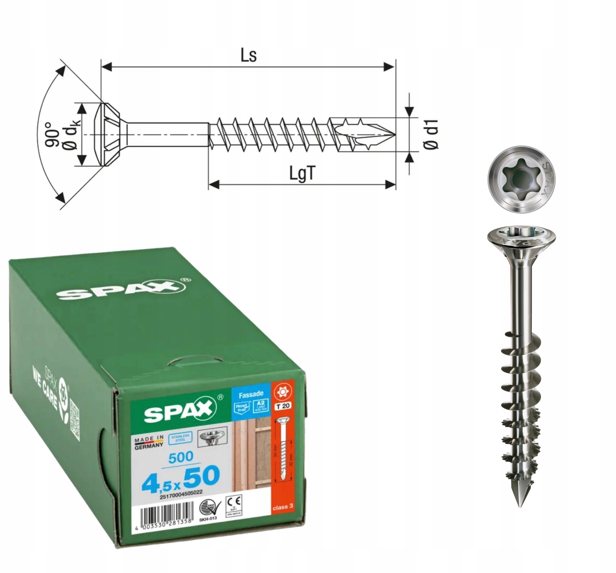 Skrutka do fasádnej dosky, ušľachtilá oceľ A2 Spax 4,5 x 50 mm 500 ks