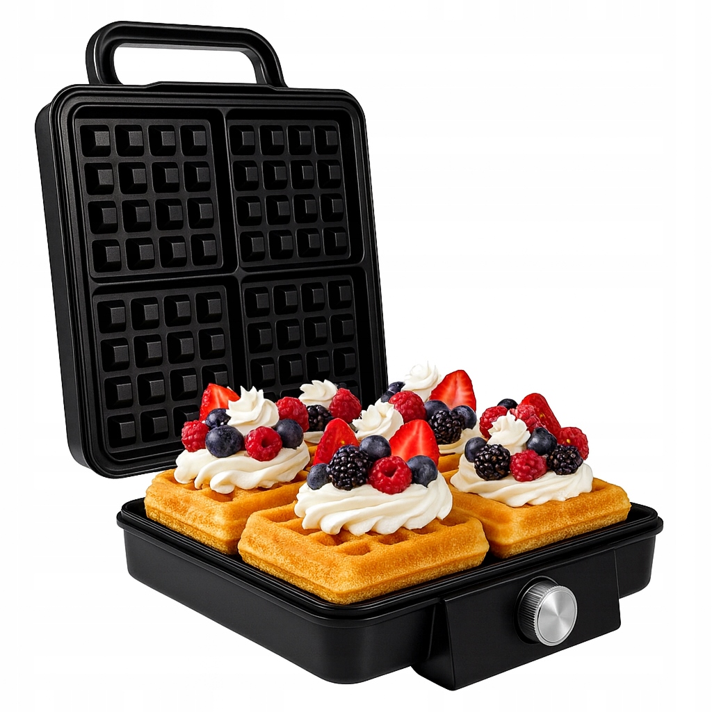 Gofrownica 2200W Mocna 4 Gofry Naraz Obudowa Zimna W Dotyku Czarna Srebrna