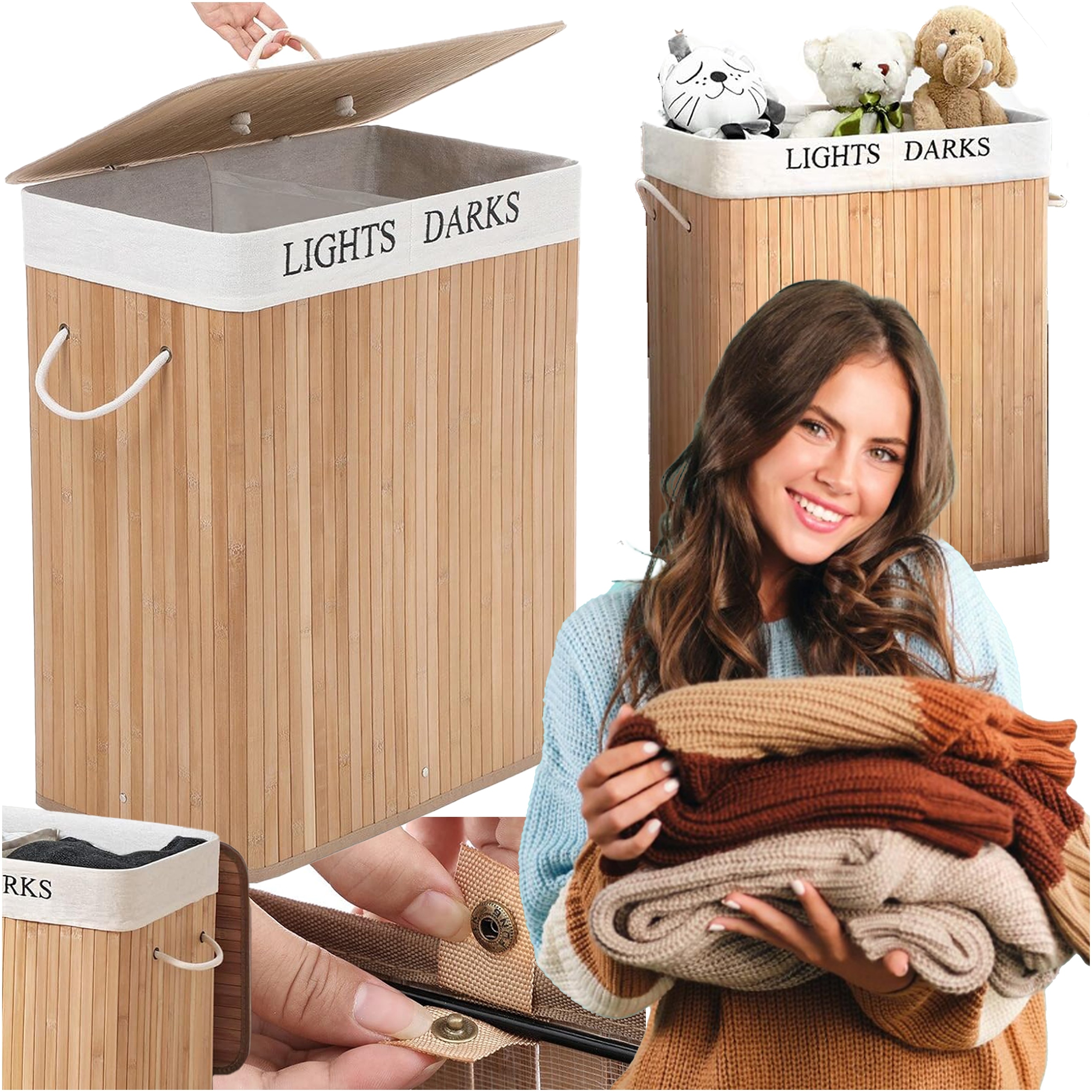 Bambusový koš na prádlo s víkem Dvoukomorový zásobník 100 l s držadly