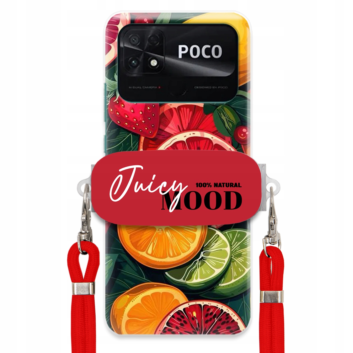 Puzdro pre Xiaomi Poco C40 Červená Crossbody vodítko držiak Juice Mood Ovocie
