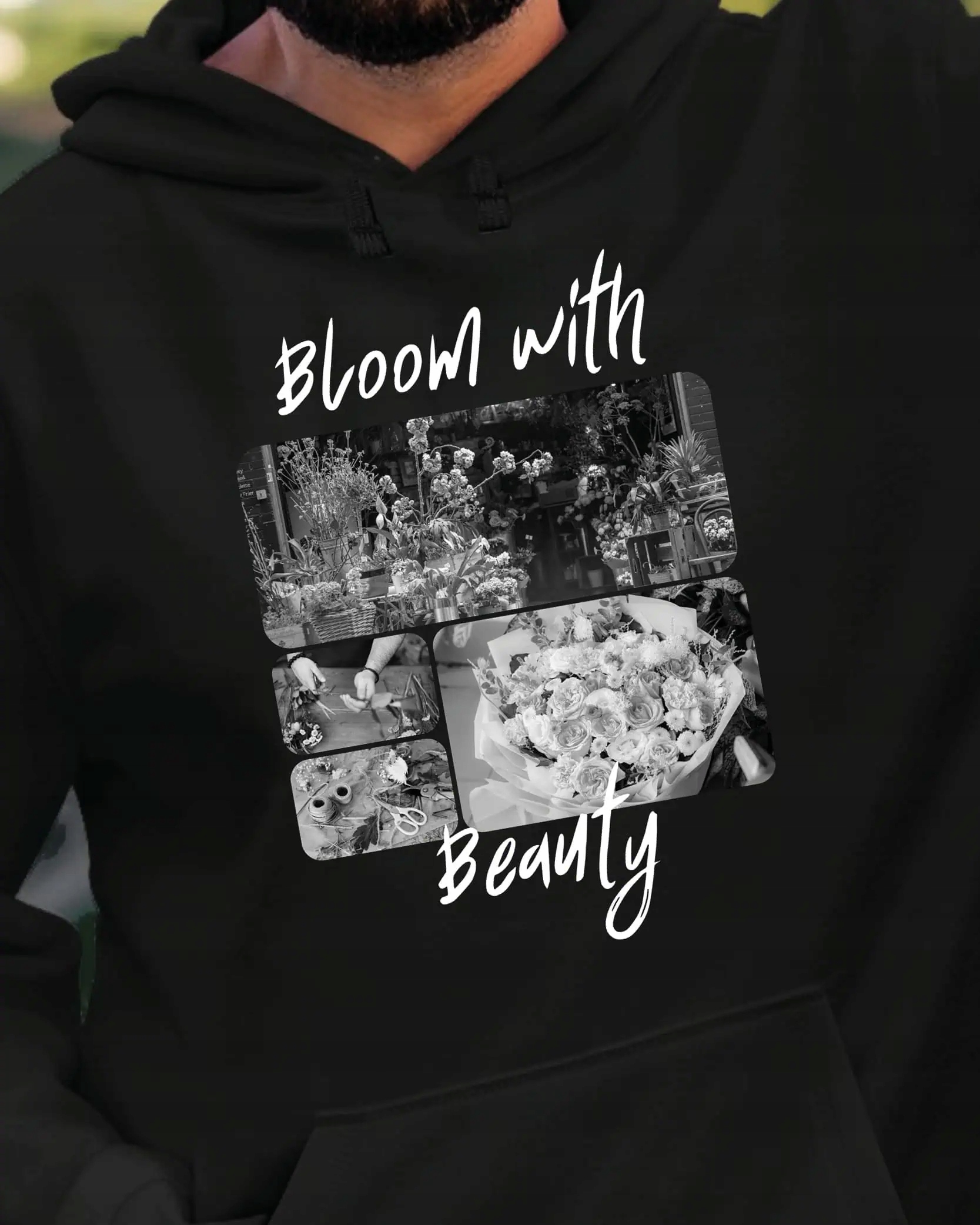 Mikina s kapucí Dárek pro floristu Umělecká koláž Černá L
