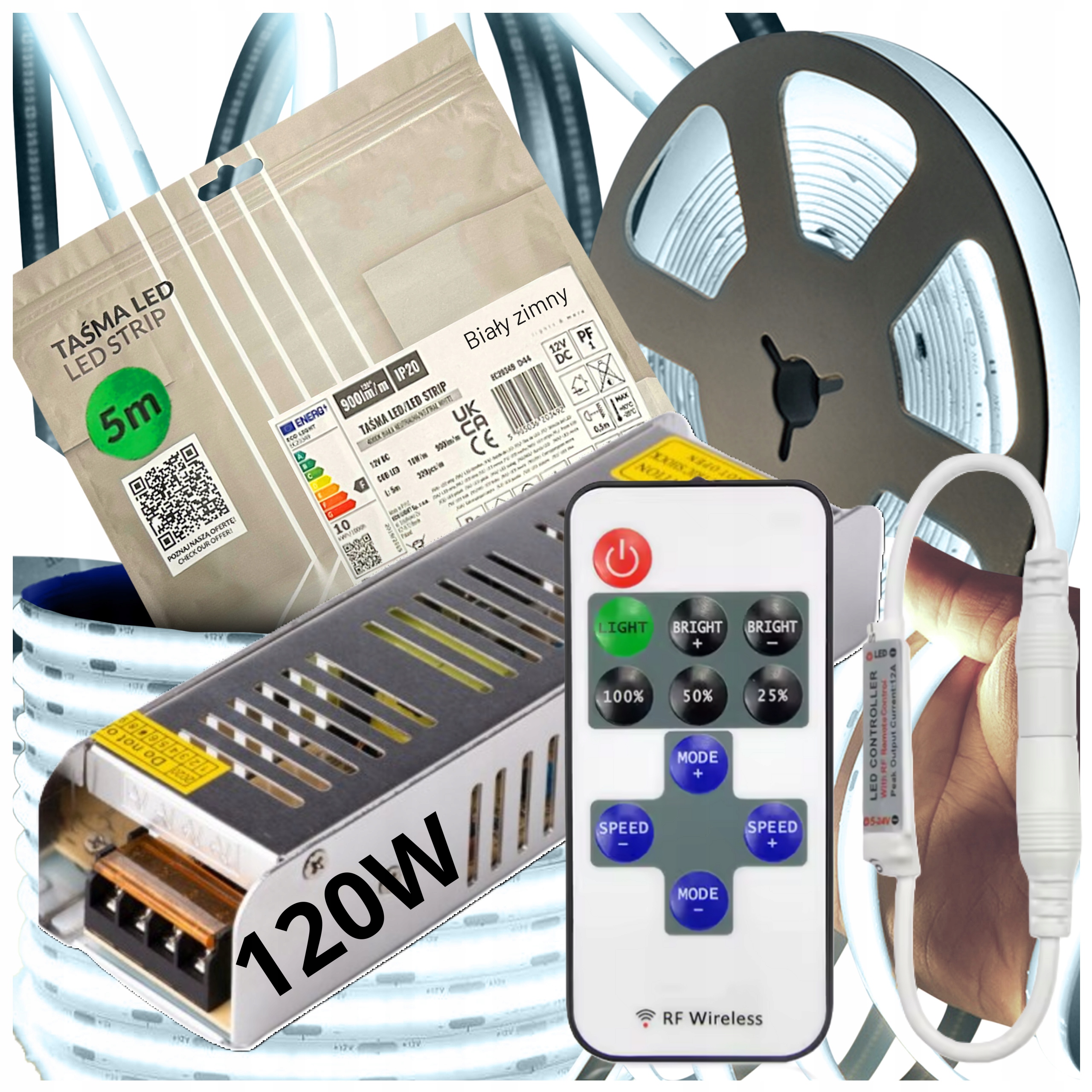 Sada Led pásků Neon Cob 12V 10 m 6000K Bílá Studená Napájecí Zdroj Dálkový Ovladač Rf 8 mm