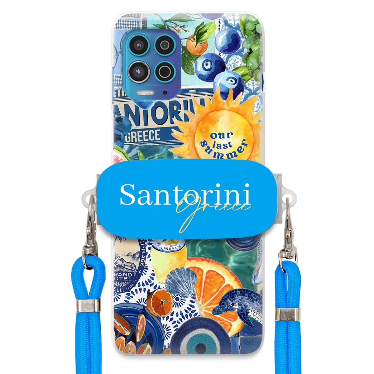 Puzdro pre Motorola Edge S Modré Crossbody vodítko držiak Santorini Greece
