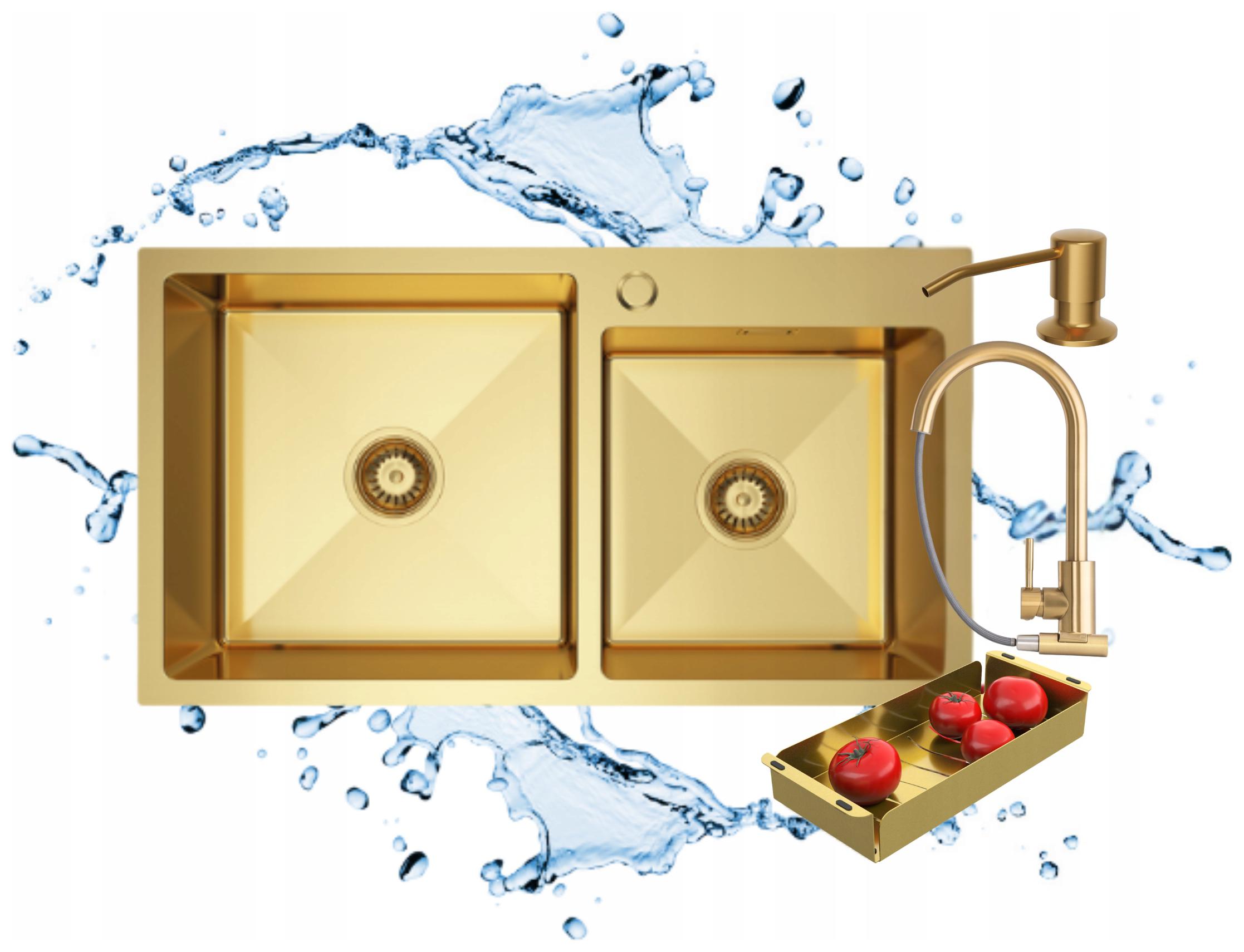 Oceľový drez 2-komorový zlatý 78x45 cm Sada batérií, dávkovač, sifón