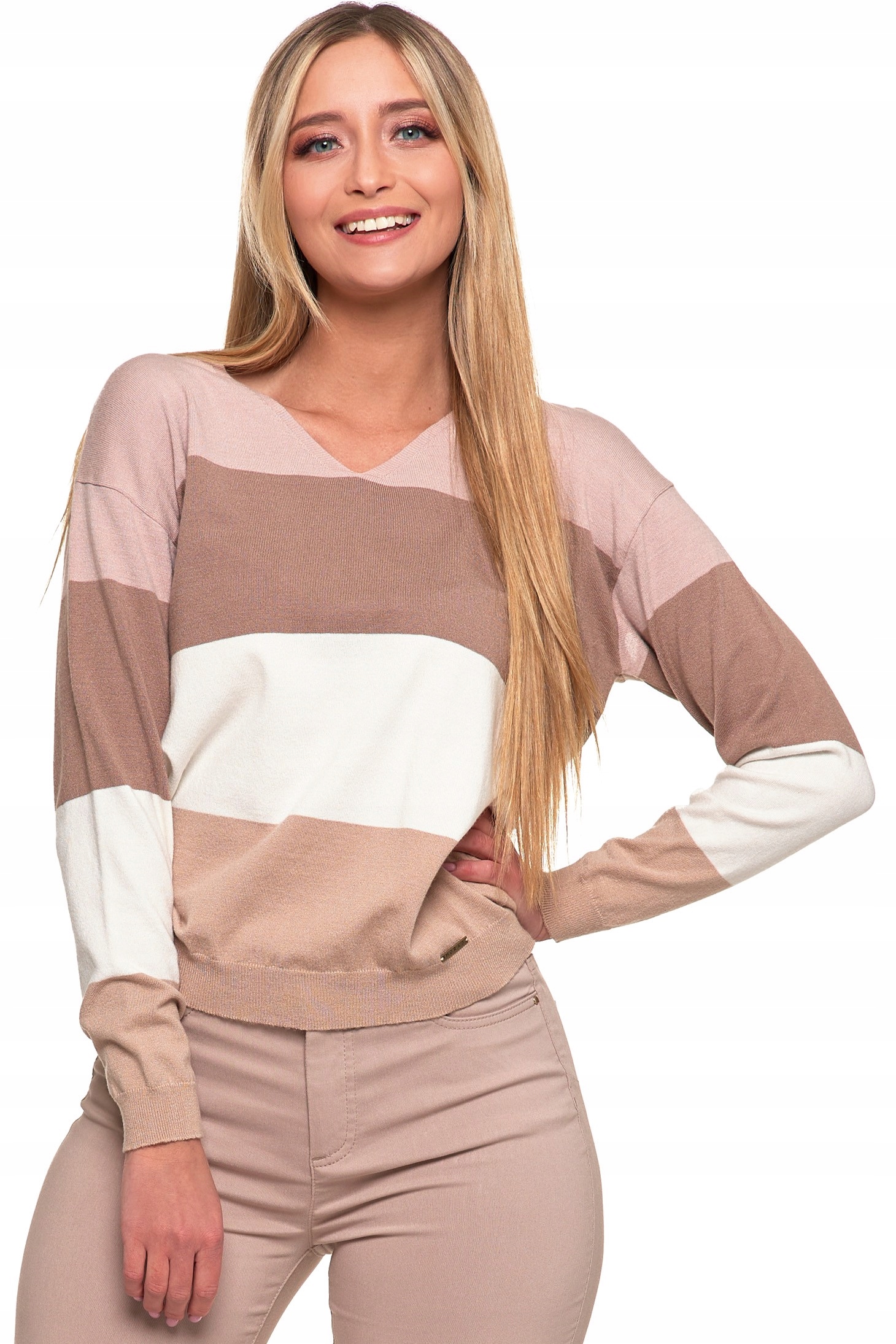 SWETEREK DAMSKI LUŹNY DŁUGI RĘKAW SWETER CIENKI WISKOZA MORAJ PASKI R.XL Rozmiar XL