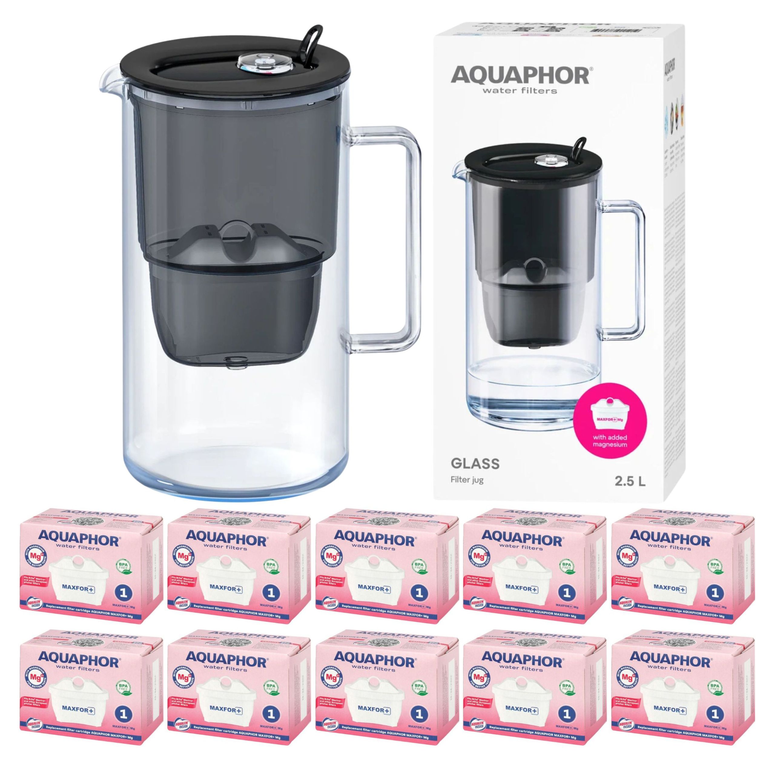Skleněná konvice Aquaphor Glass černá na vodu 10 filtrů Maxfor Mg