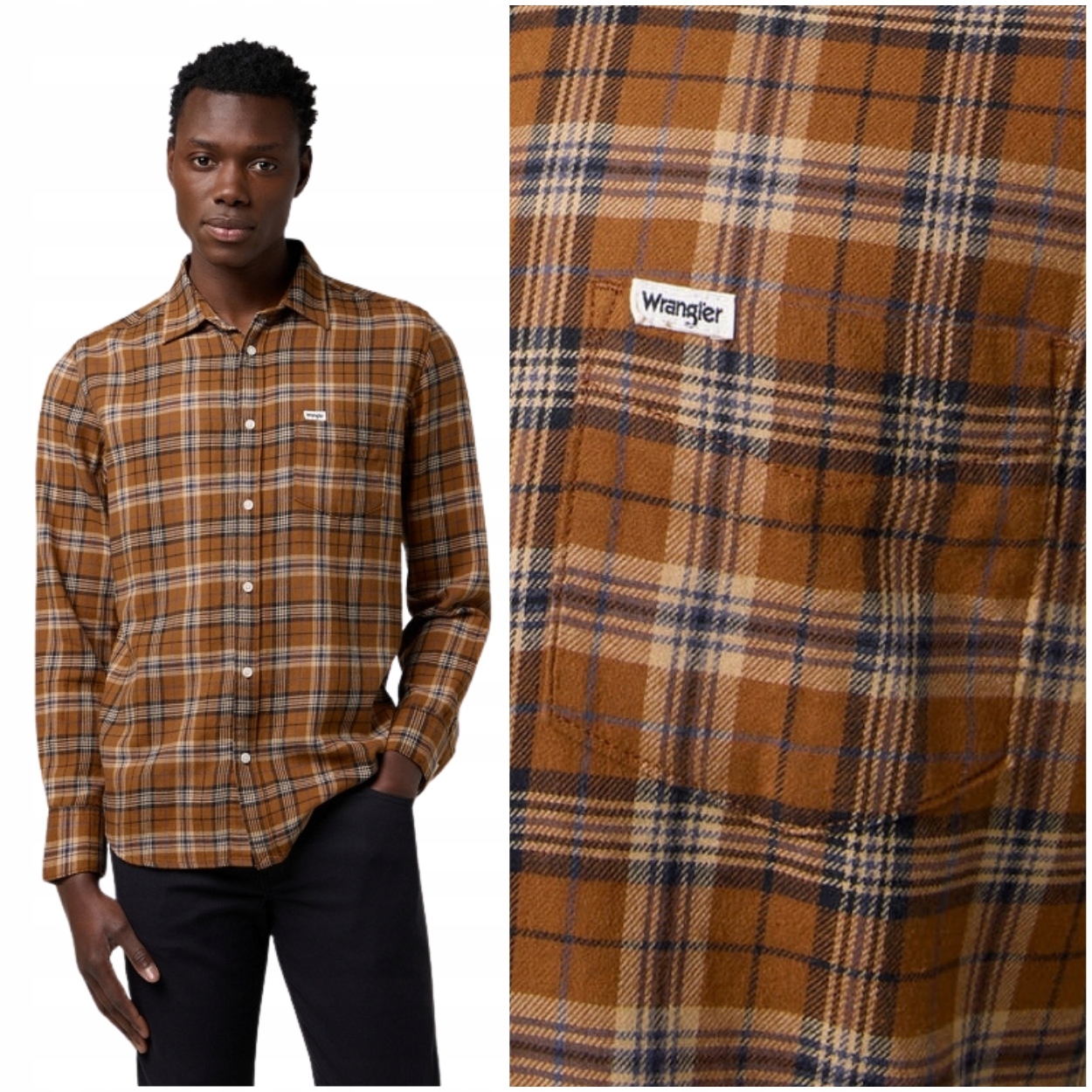 Wrangler 1 Pkt Shirt Brown klasická pánská kostkovaná bavlněná košile L