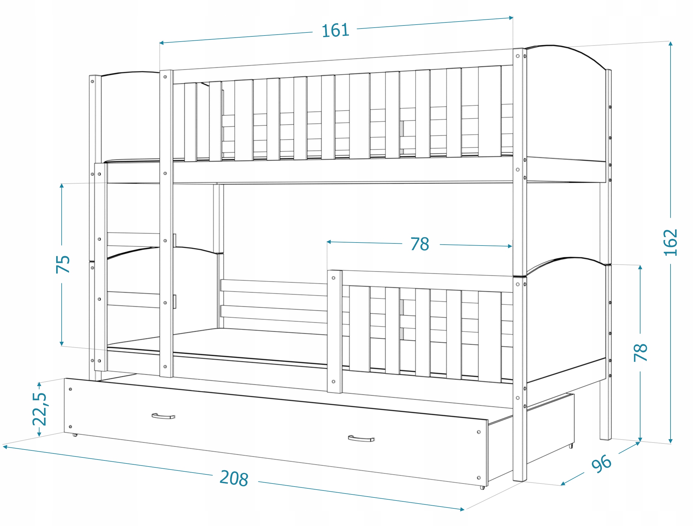 Łóżko piętrowe 200x90 białe z grafiką TAMI Szerokość produktu 90 cm