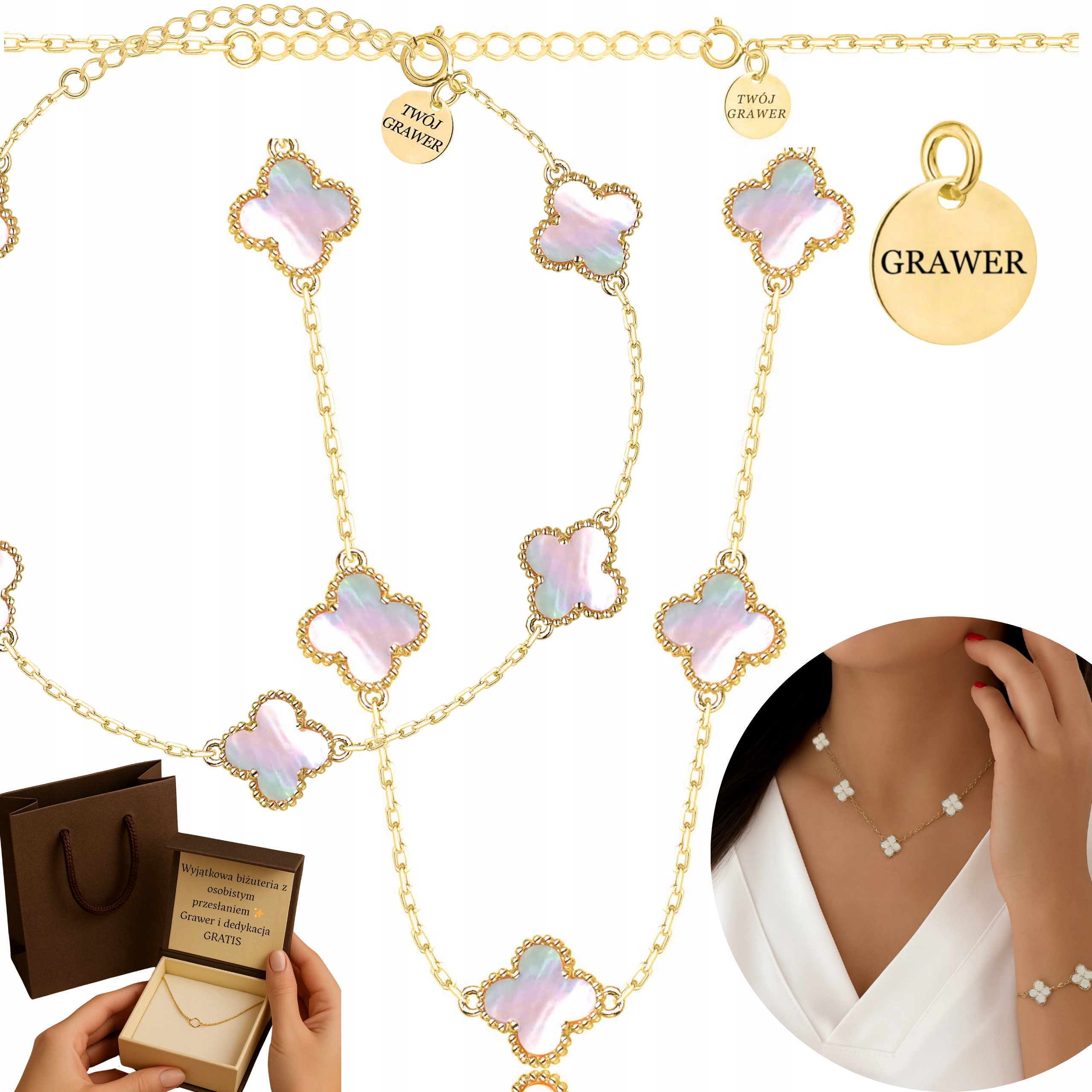 Dámská Zlatá Sada Šperků Čtyřlístek 585 Řetízek Náramek