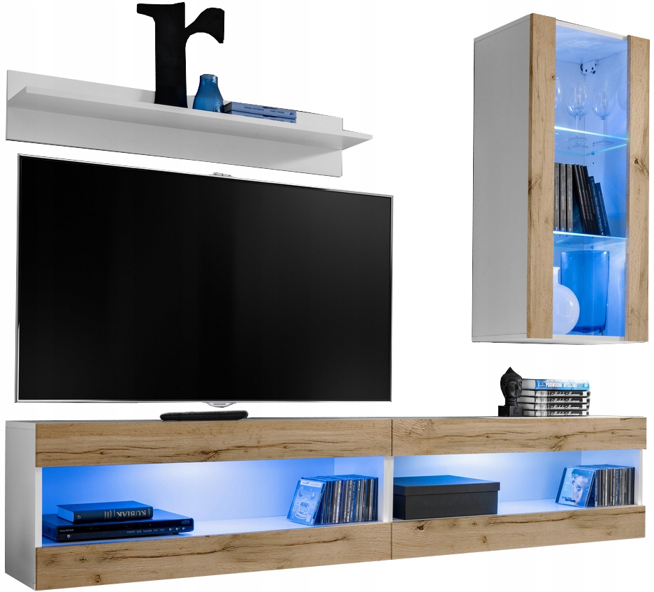 Sada nábytku Rtv Tivoli SET5 Biela/dub wotan, modré Led diódy