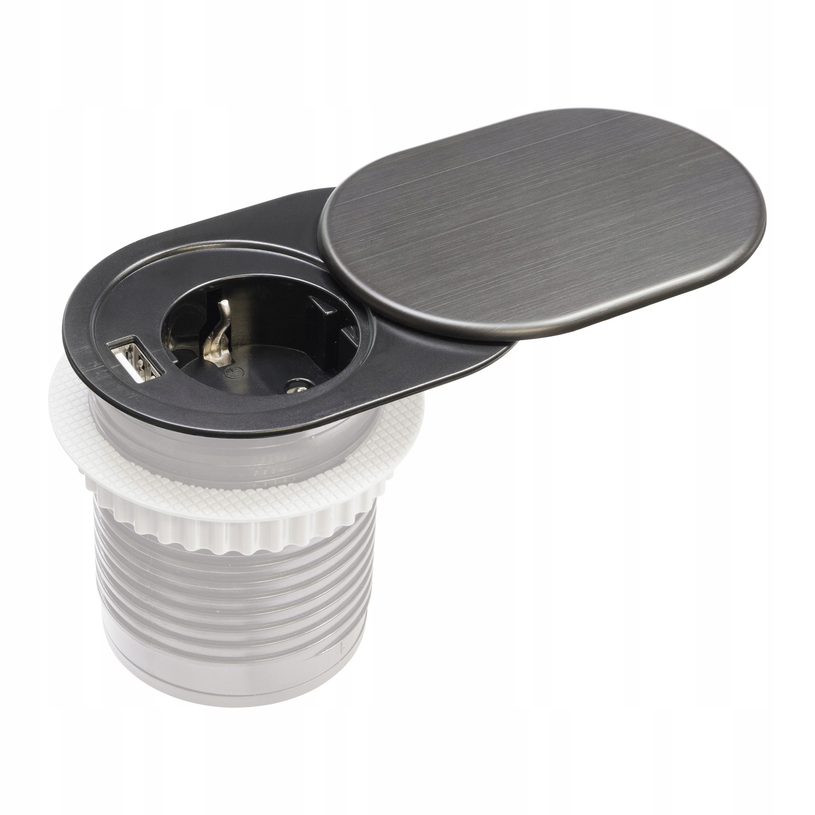 Nábytková Zásuvka Zapuštěná Do Desky 1X Schuko 1X Usb-a Schovaná Stříbrná