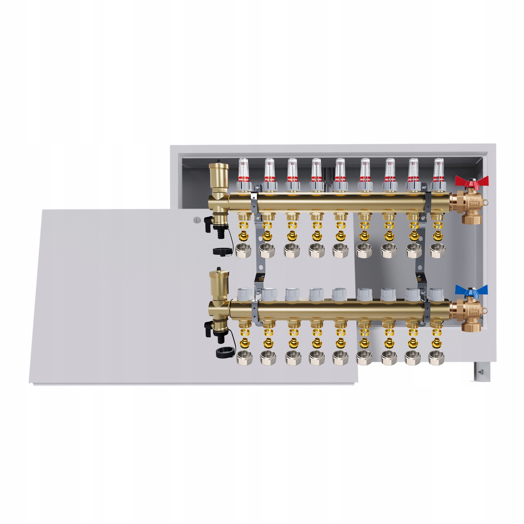 Rozdeľovač podlahy mosadzný 9 Obvody Podomietková skrinka Ventily Pex