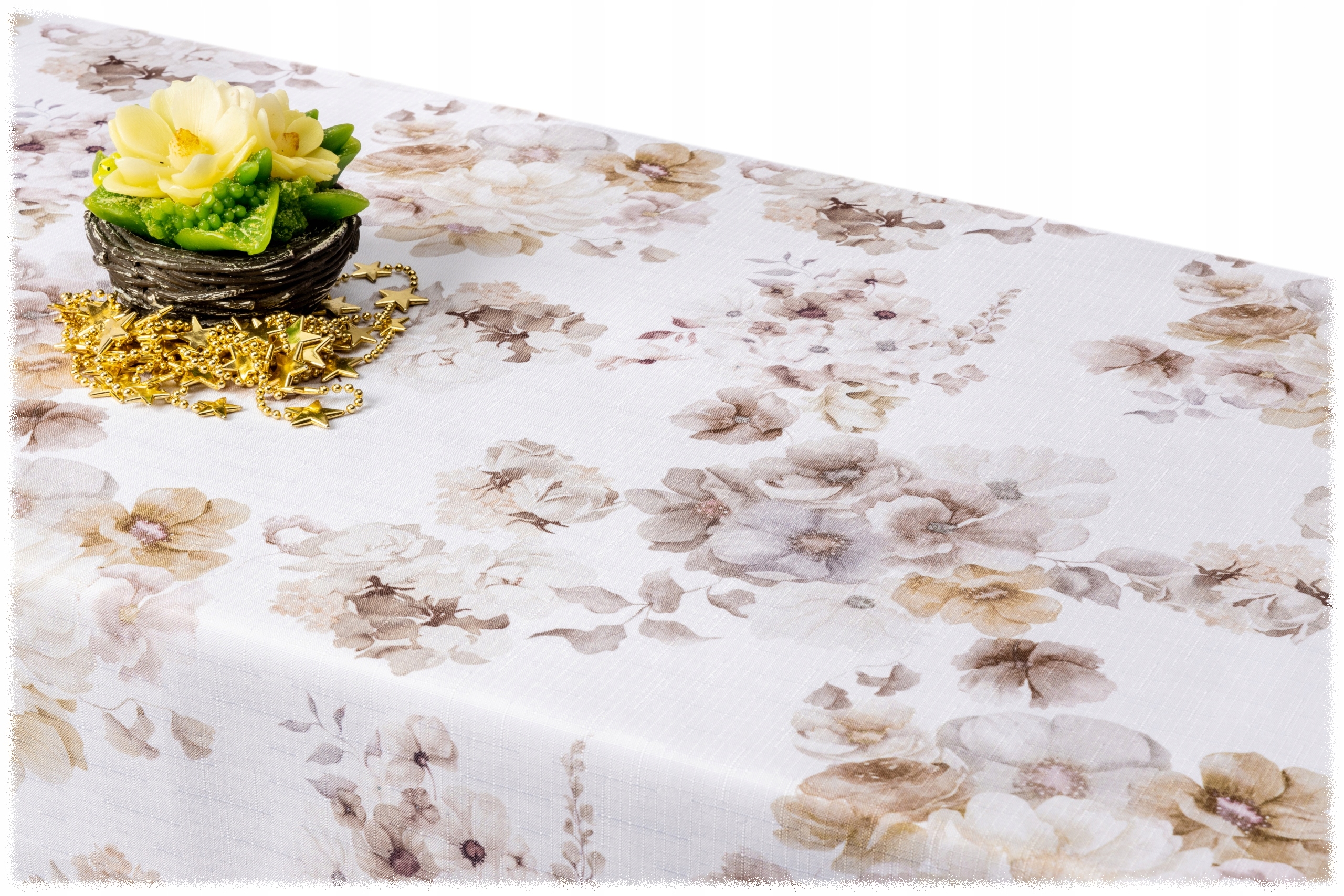 Plamoodporny obrus Kwiaty cr025 130x200 biały Styl