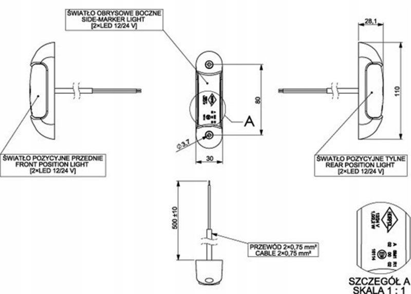 LAMPA LAWETY POMOC NACZEPY PRZYCZEPY OBRYSÓWKA LED Numer katalogowy części SZ2166