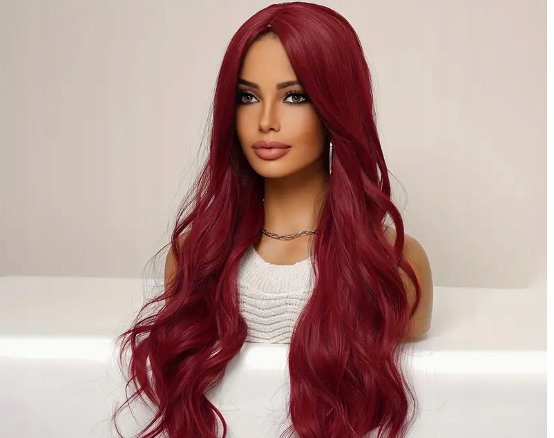 Syntetická Paruka Bordó Dlouhá kudrnatá s vlnitými vlasy 70 cm