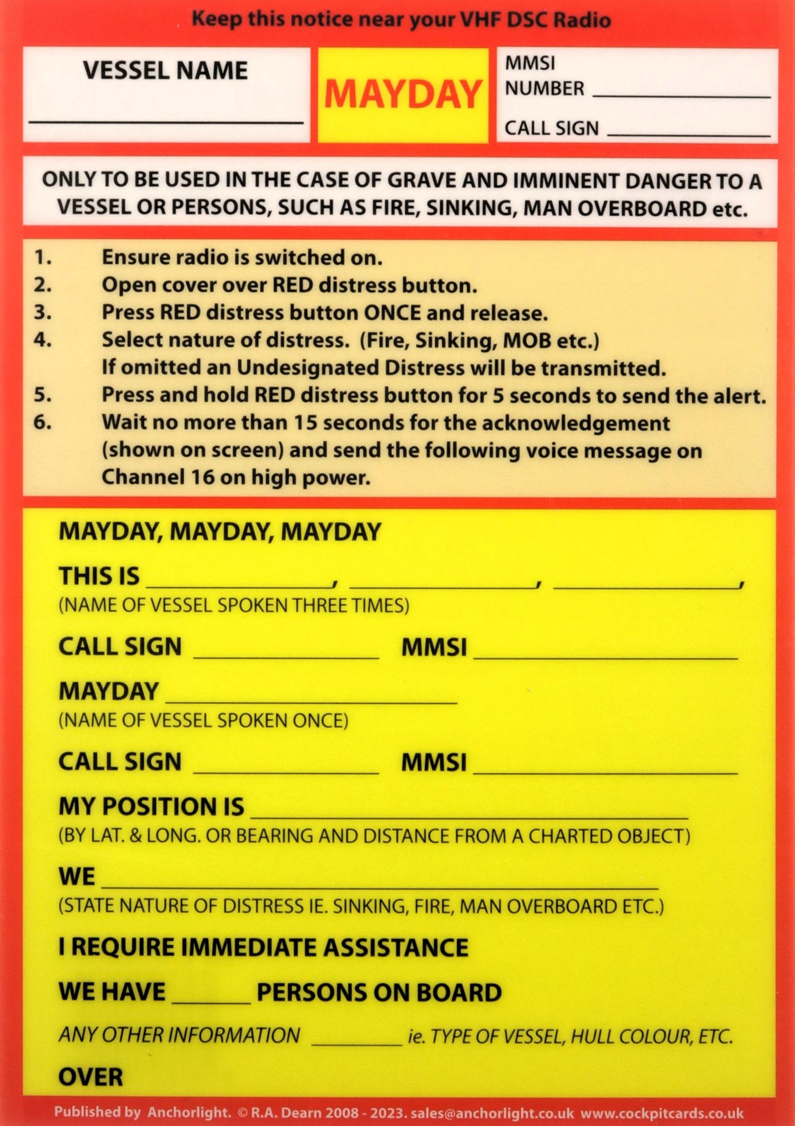 VHF DSC MAYDAY PROCEDURE CARD (COCKPIT CARDS) - Ro (17909001138 ...