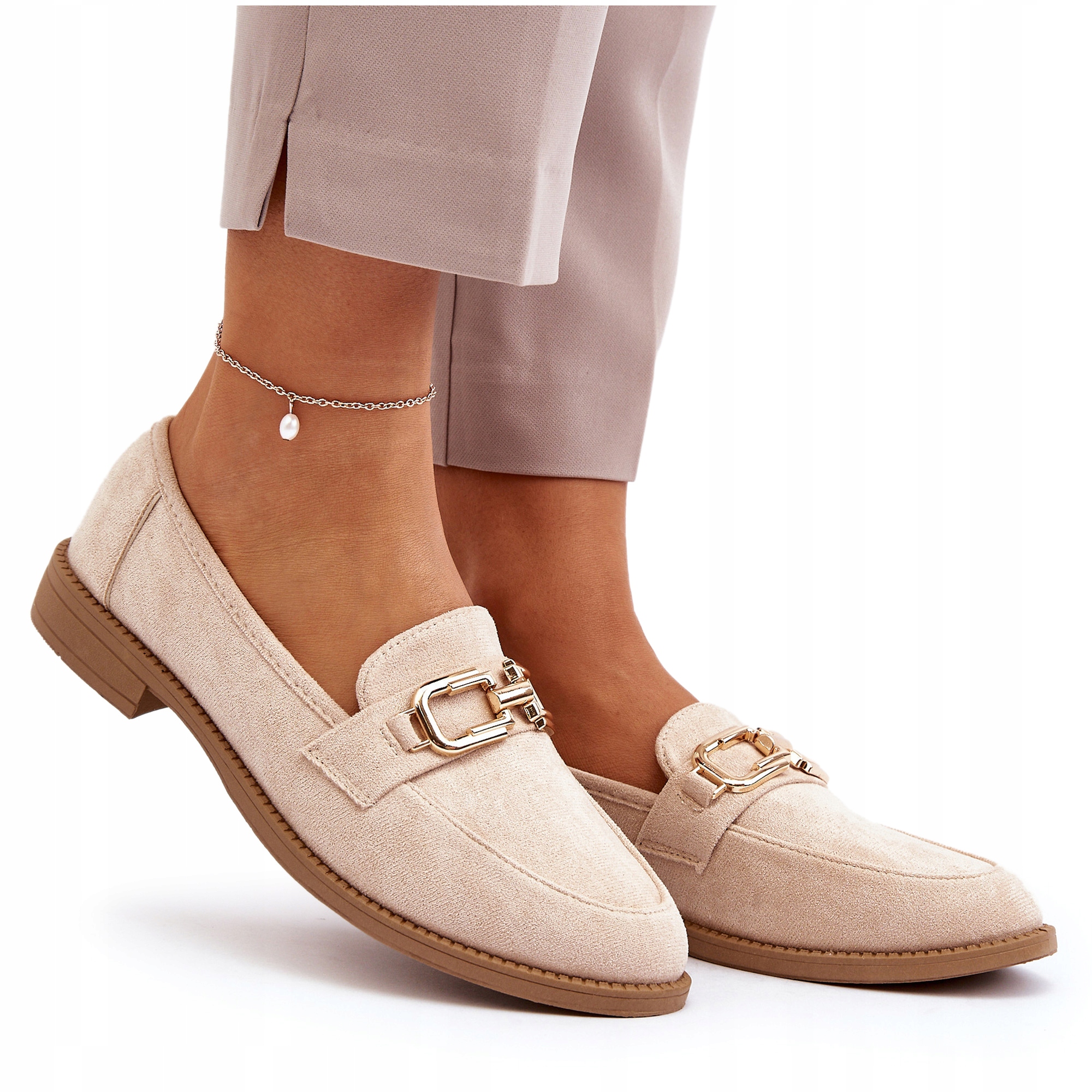 MOKASYNY DAMSKIE EKO ZAMSZOWE NA PŁASKIM OBCASIE Z OZDOBĄ BEŻOWE 38