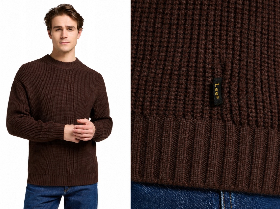 Lee tlustý teplý pánský svetr volný hnědý vlna crew neck Arabica M