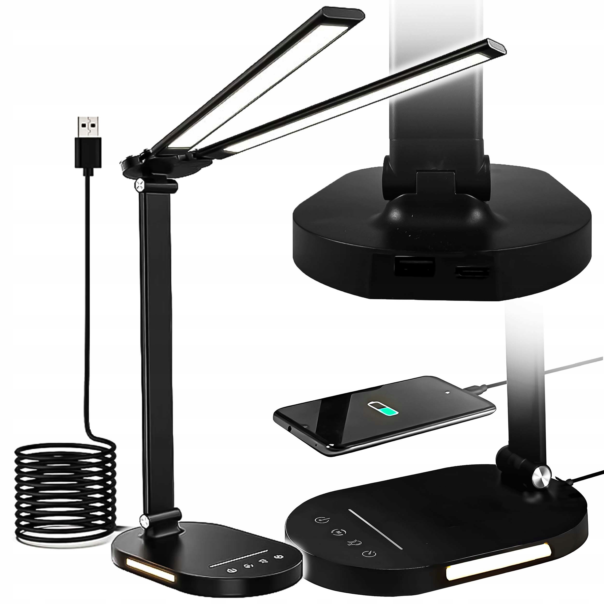 Lampka Biurkowa Led Podwójna Mocna 24W Wiele Barw Ściemniania Aluminium Usb