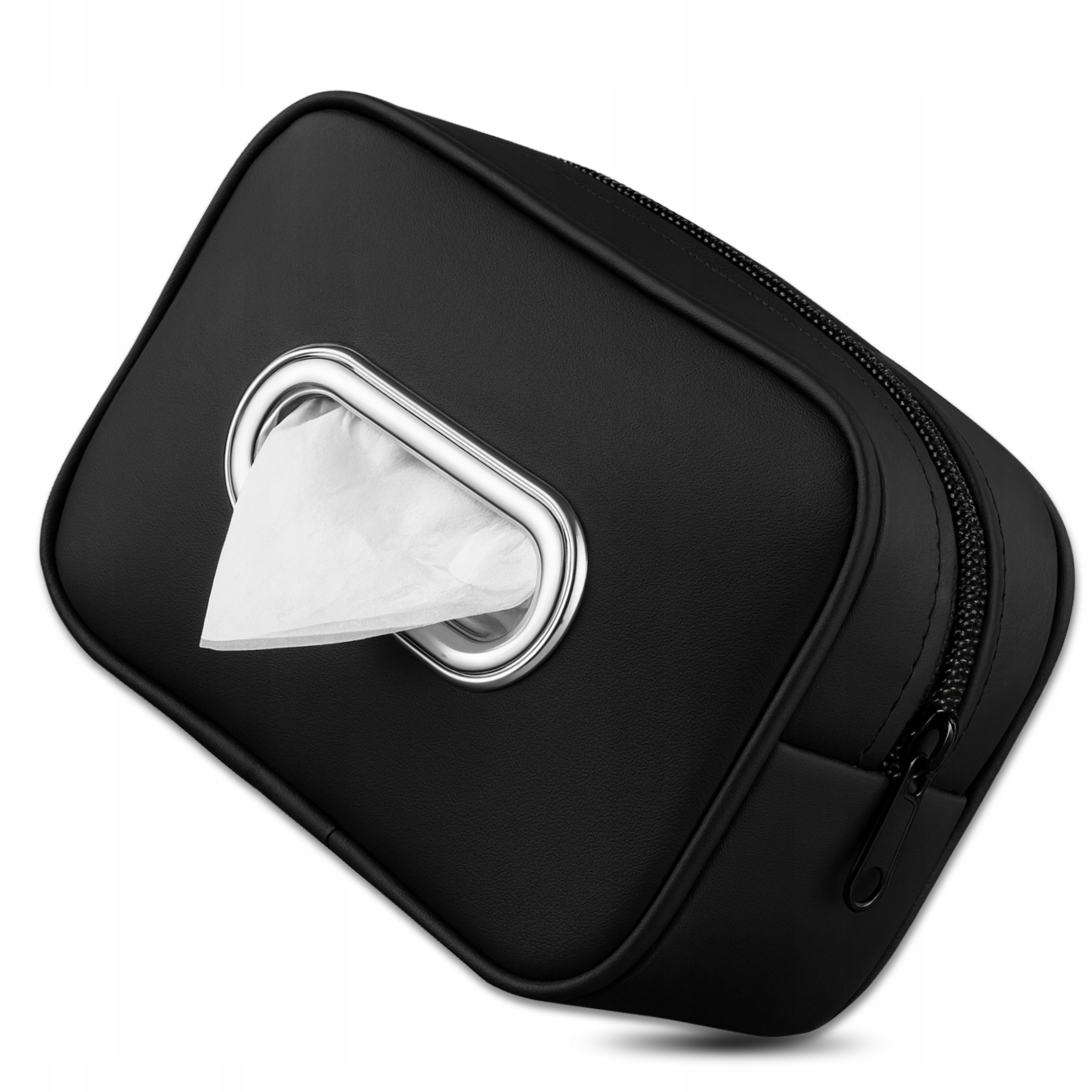 Czarny pokrowiec na zagłówek organizer na chusteczki do samochodu skórzany