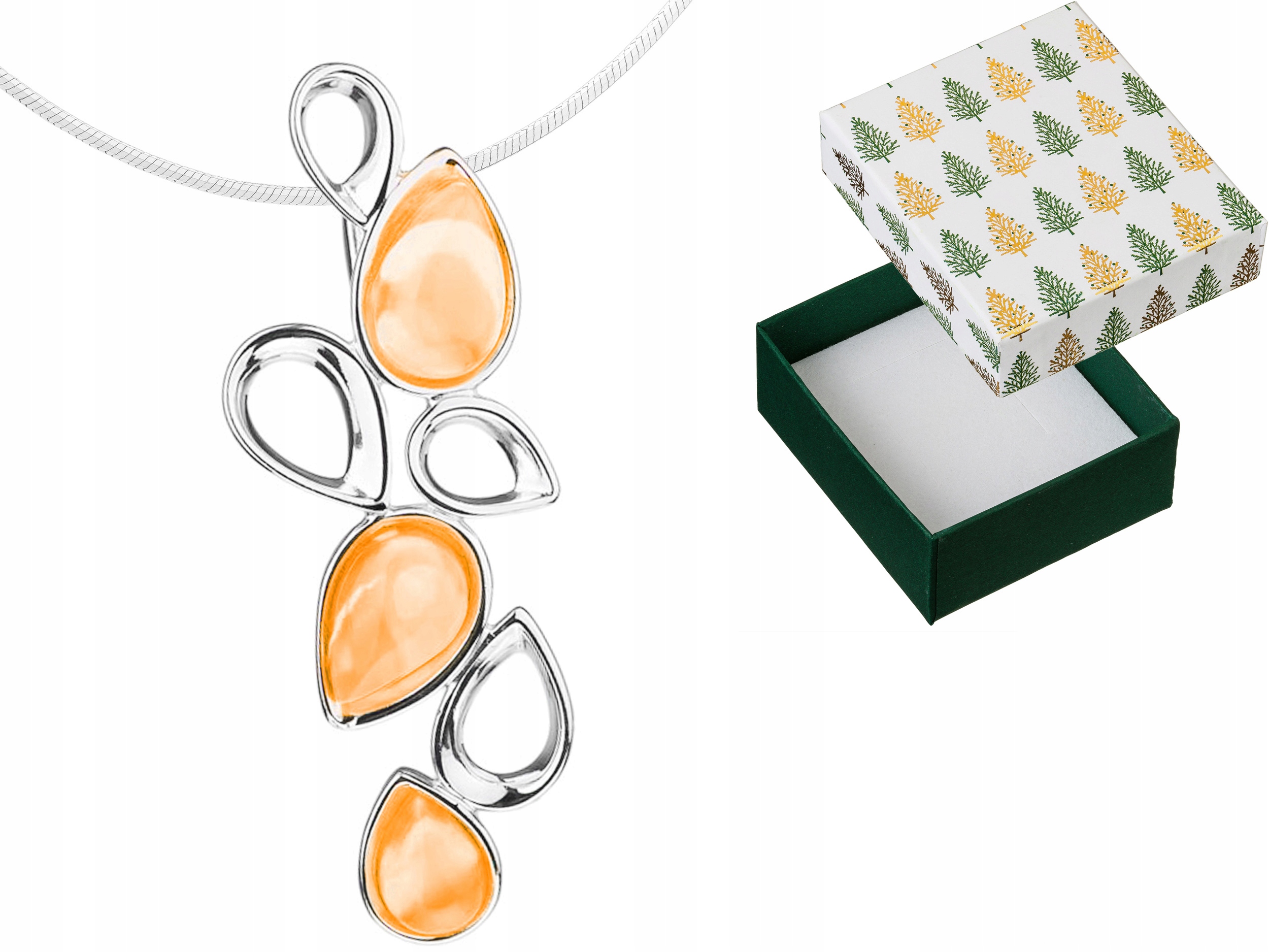 Stříbrný náhrdelník s žlutým mléčným jantarem, ažurové kapky, jantar 42 cm