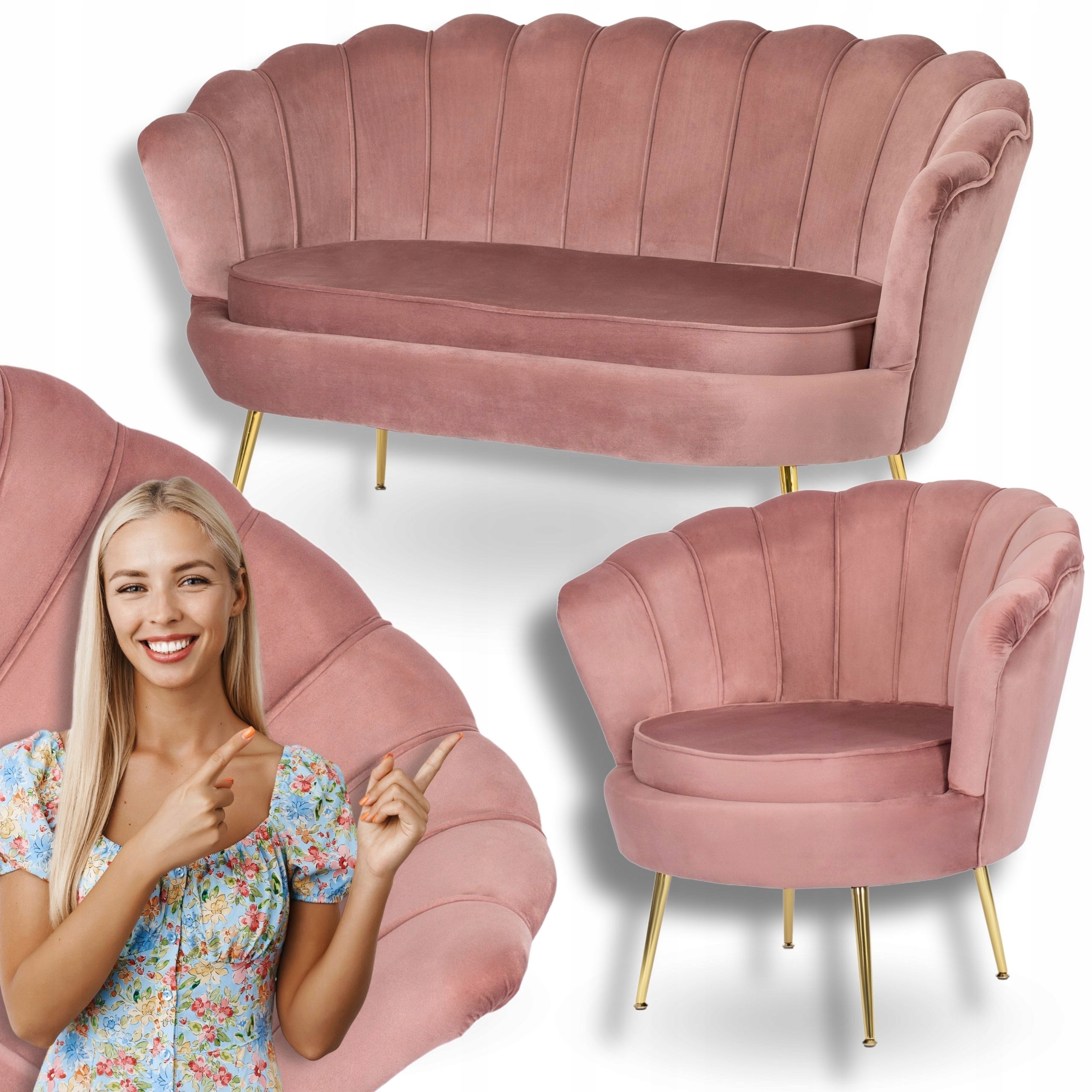 Sada Pohovka Růžová a Křeslo Růžová Muszelka Sedací nábytek Glamour Zlaté