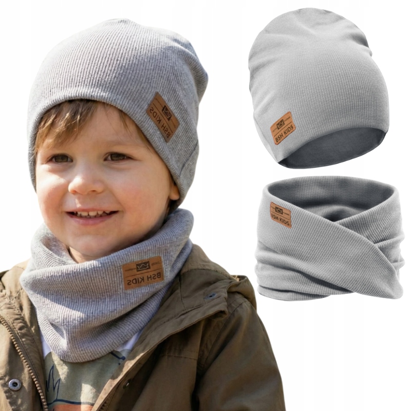 KOMPLET DZIECIĘCY BAWEŁNIANY PODWÓJNY CZAPKA KOMIN SZARY