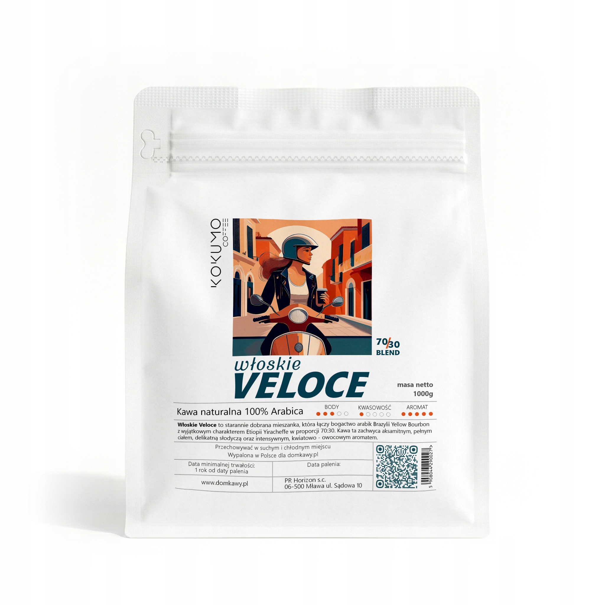 Káva Zrnková Kokumo Italské Veloce 1 kg – Blend 70/30 Arabica