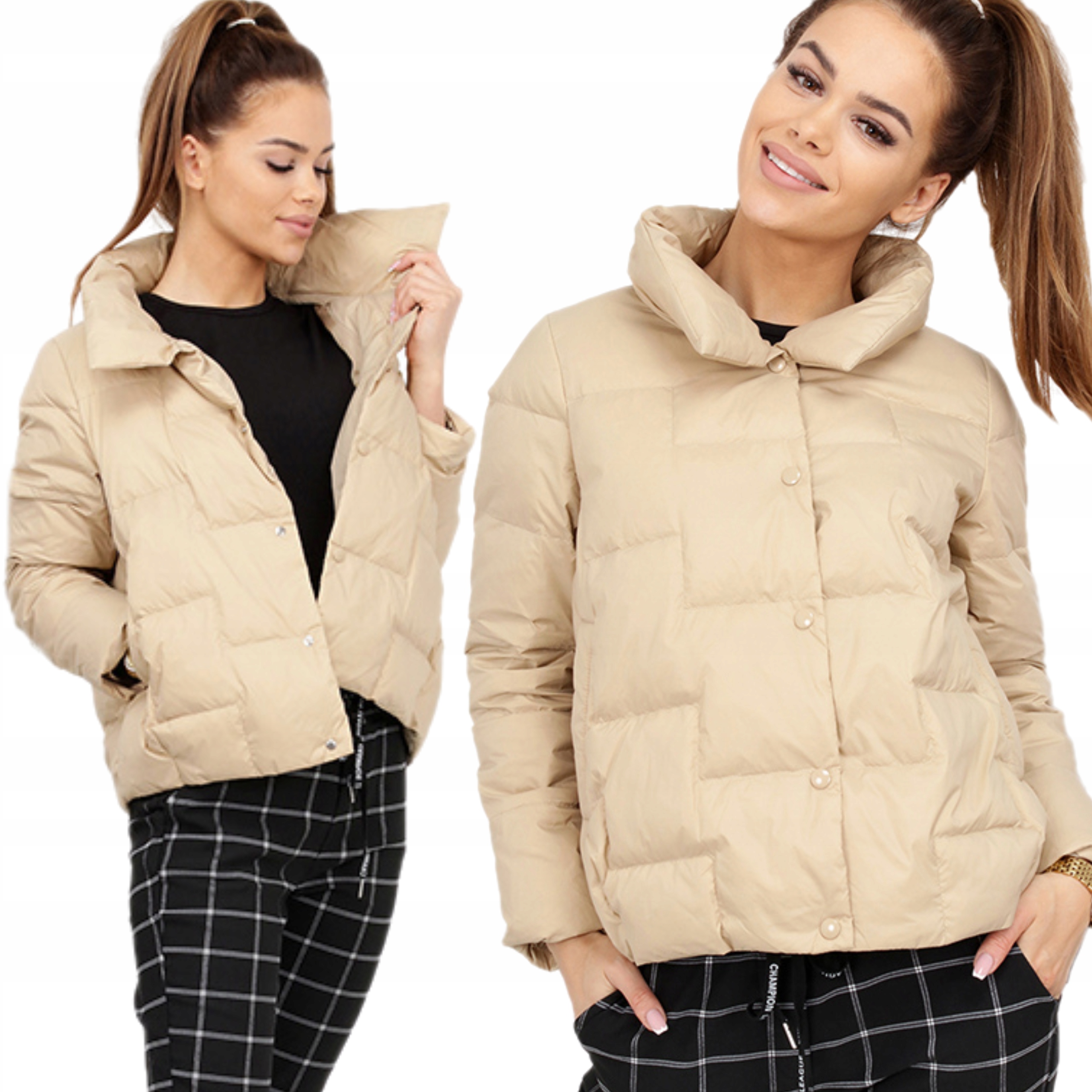 Kurtka Puchowa Stójka Lekka Ciepła Pikowana Parka Damska Modna 36 S Beżowa