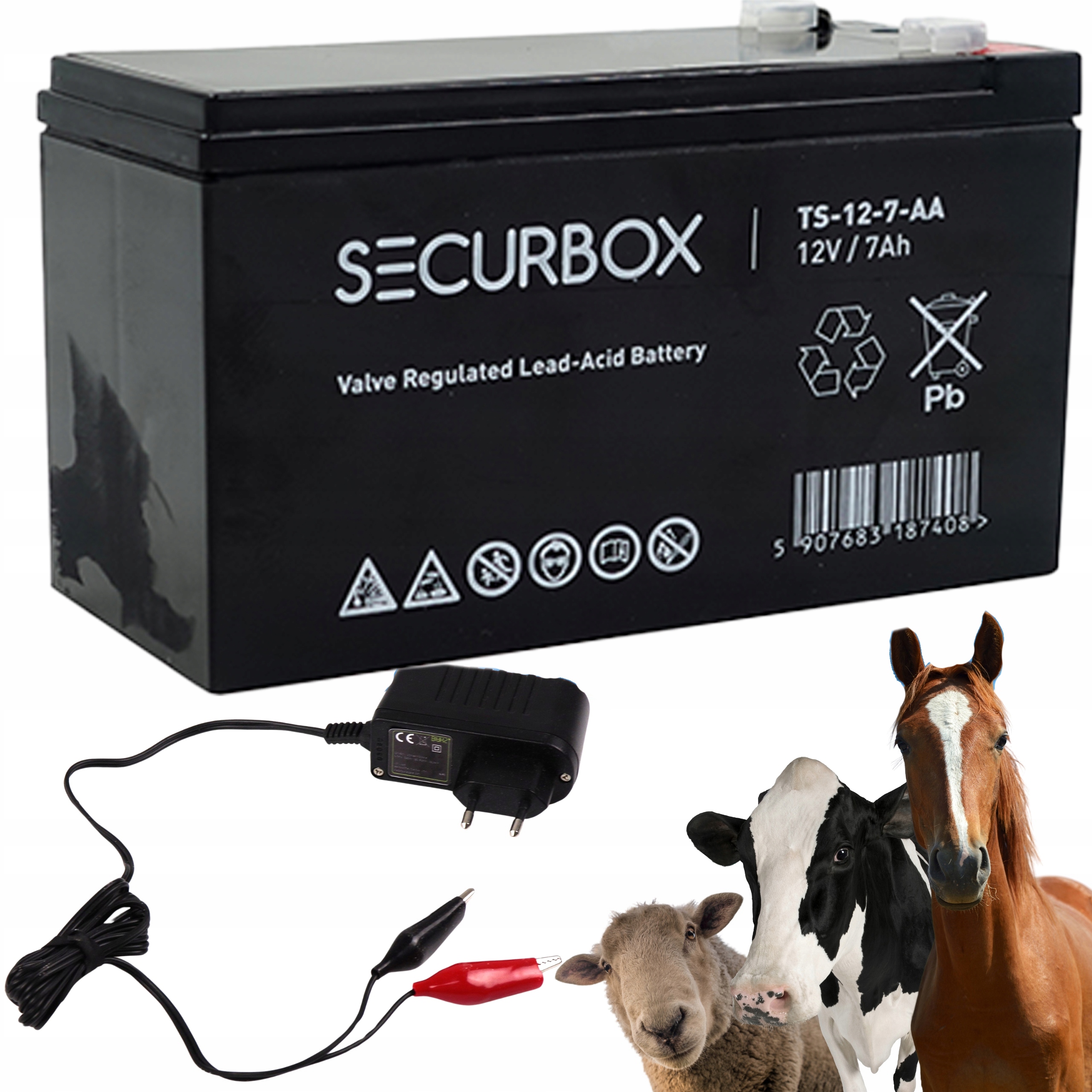 PASTUCH ELEKTRYCZNY AKUMULATOR 12V BATERIA + ŁADOWARKA 7AH ZASILACZ