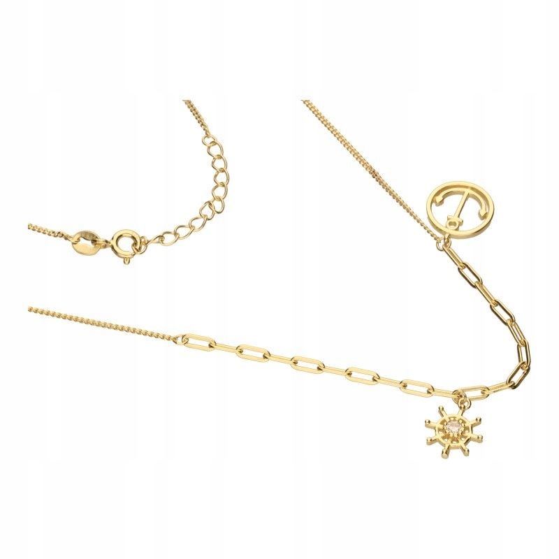 Stříbrný pozlacený náhrdelník 925 kotva a kormidlo se zirkonem, módní, efektní