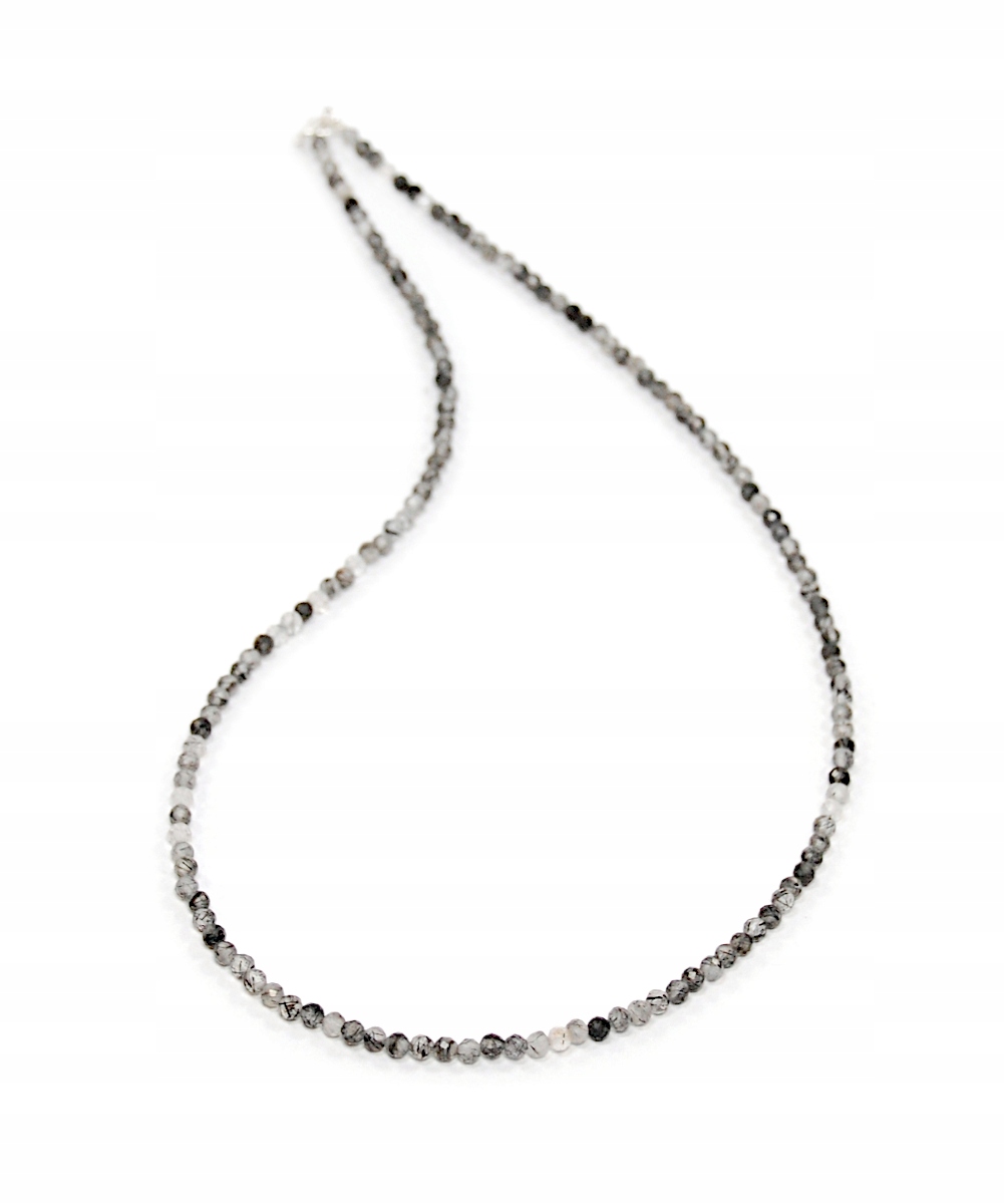Přírodní náhrdelník Kwarc s černým Turmalínem, fazetované kuličky 3 mm stříbro