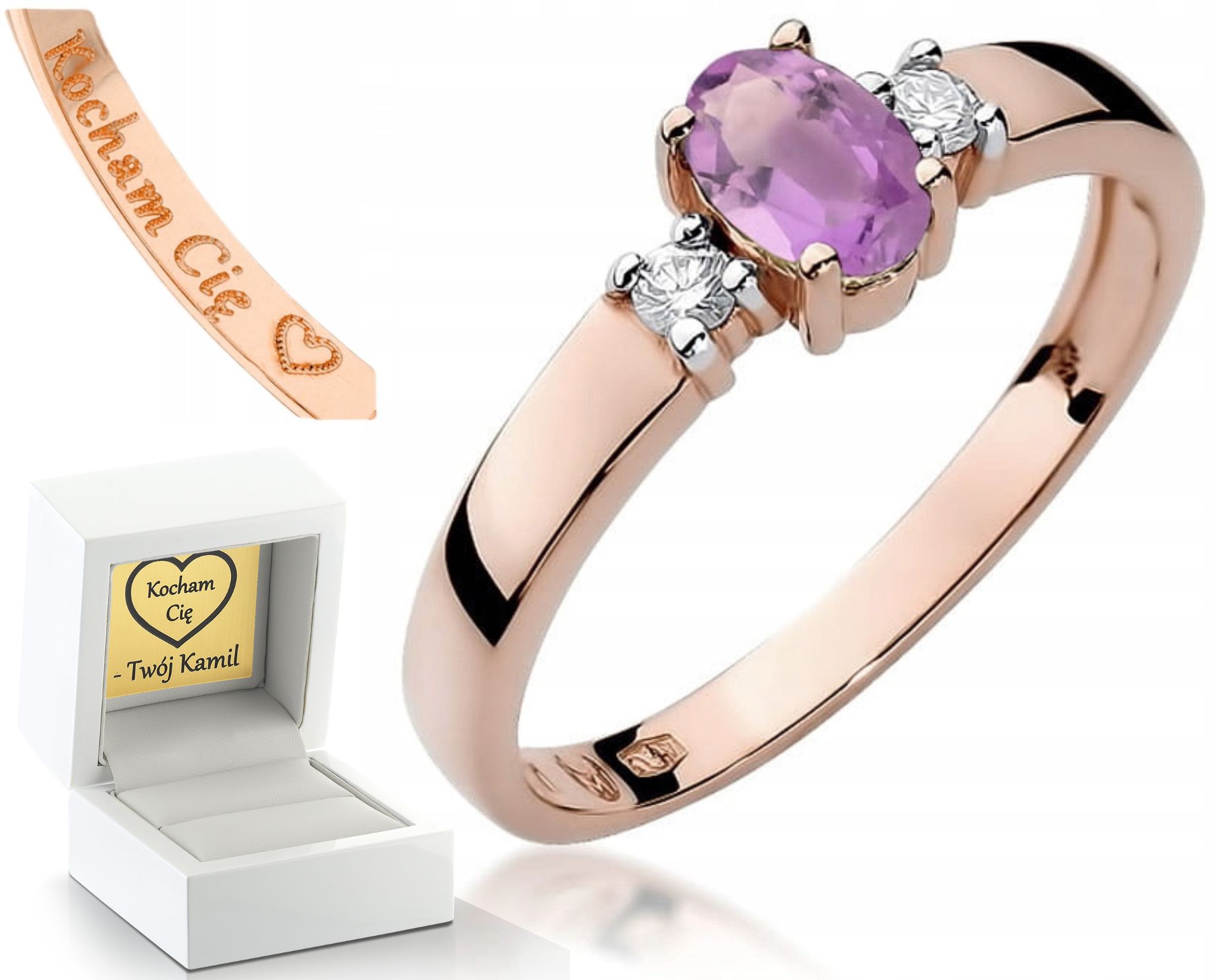 Zásnubní Prstýnek Ametyst Diamanty Růžové Zlato Gravírování 585 Bonus