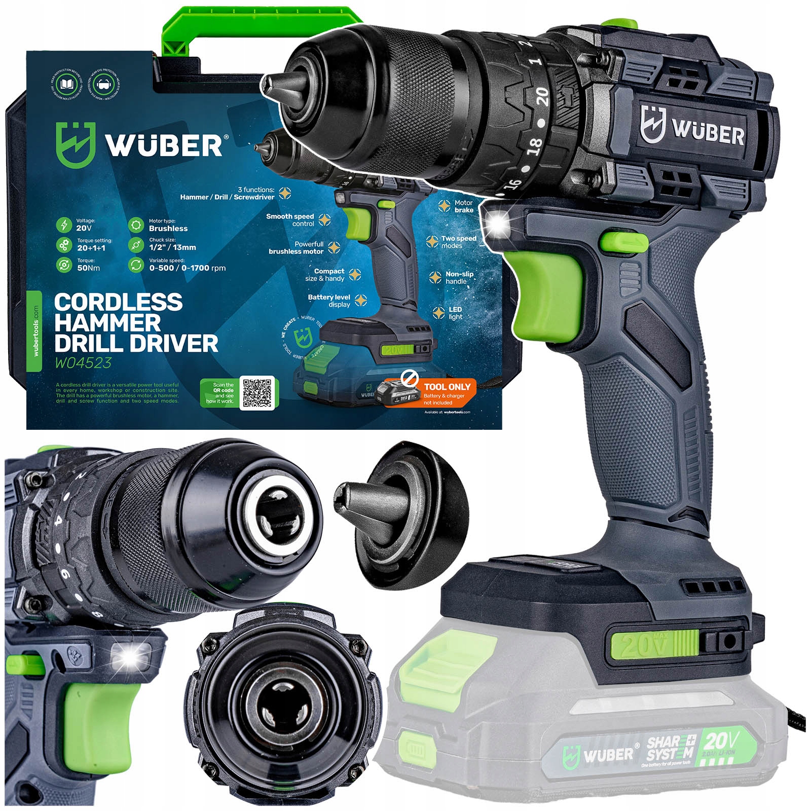 Akumulatorowa Wiertarko-wkrętarka Z Udarem 20V Bezszczotkowa 50Nm Walizka