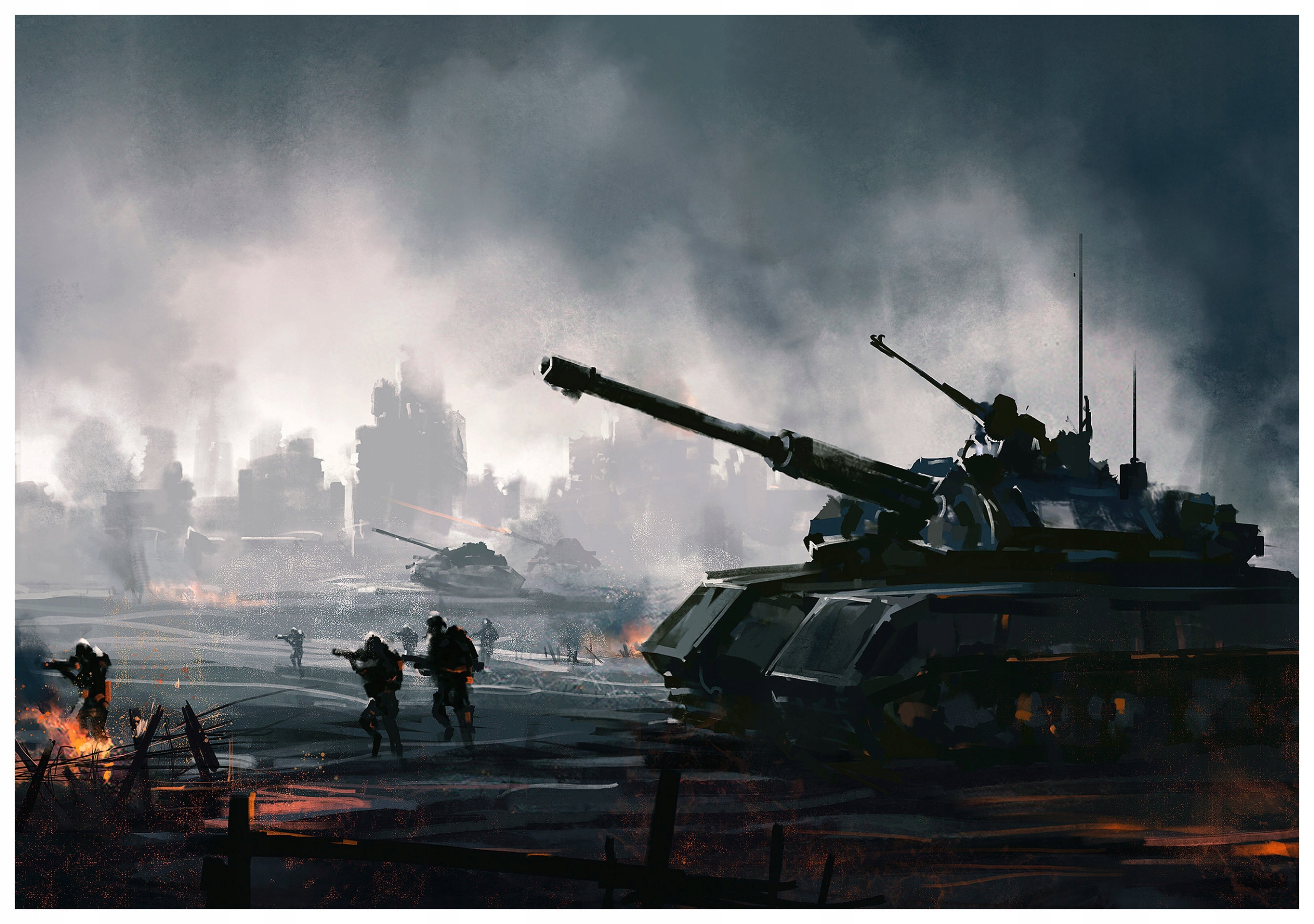 Fototapeta Tanky Ruiny Vojaci Dym 254x184 vinylová lepidlo