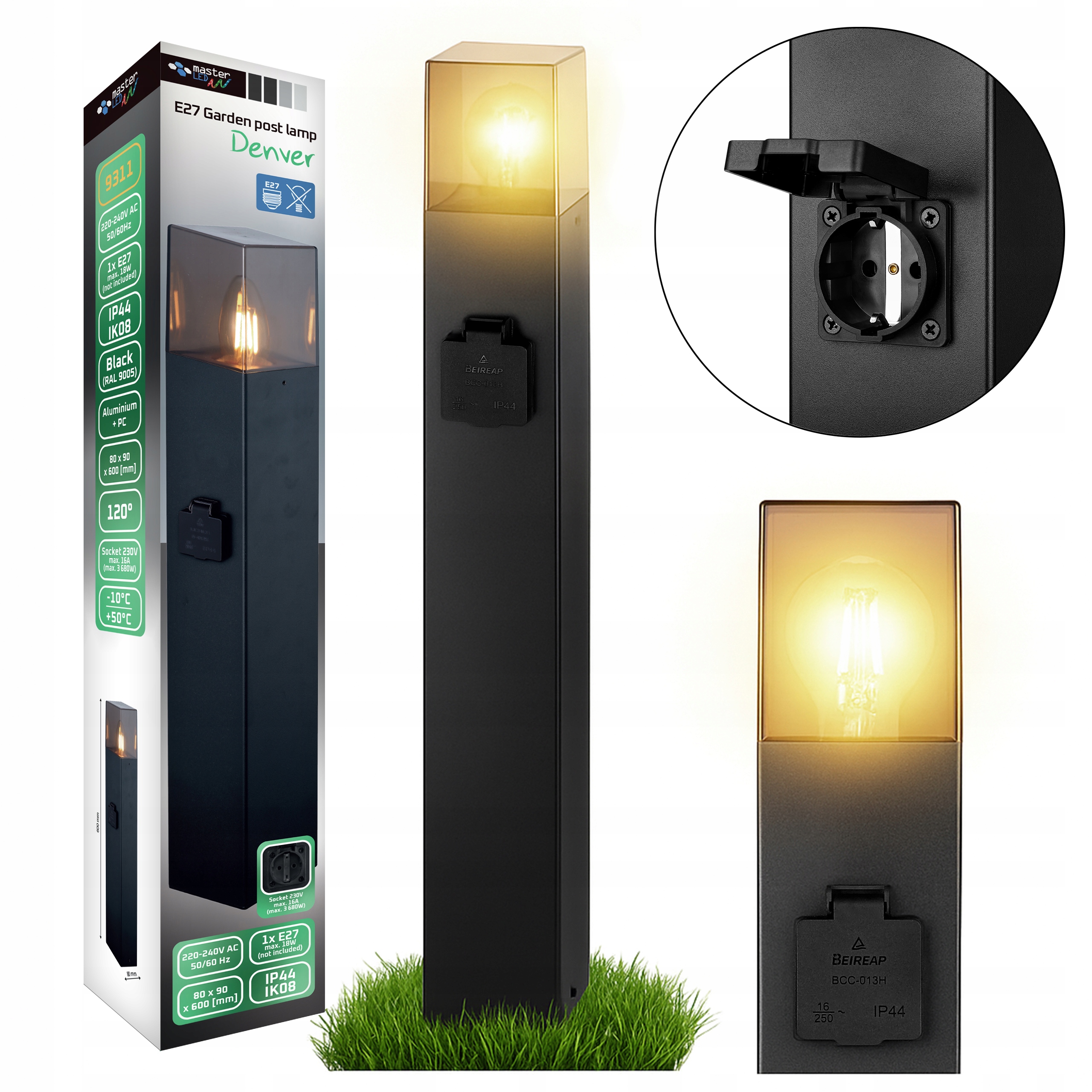 Lampa Stojąca ogrodowa słupek Led 60cm Gniazdo 230V zewnętrzna E27 Czarna