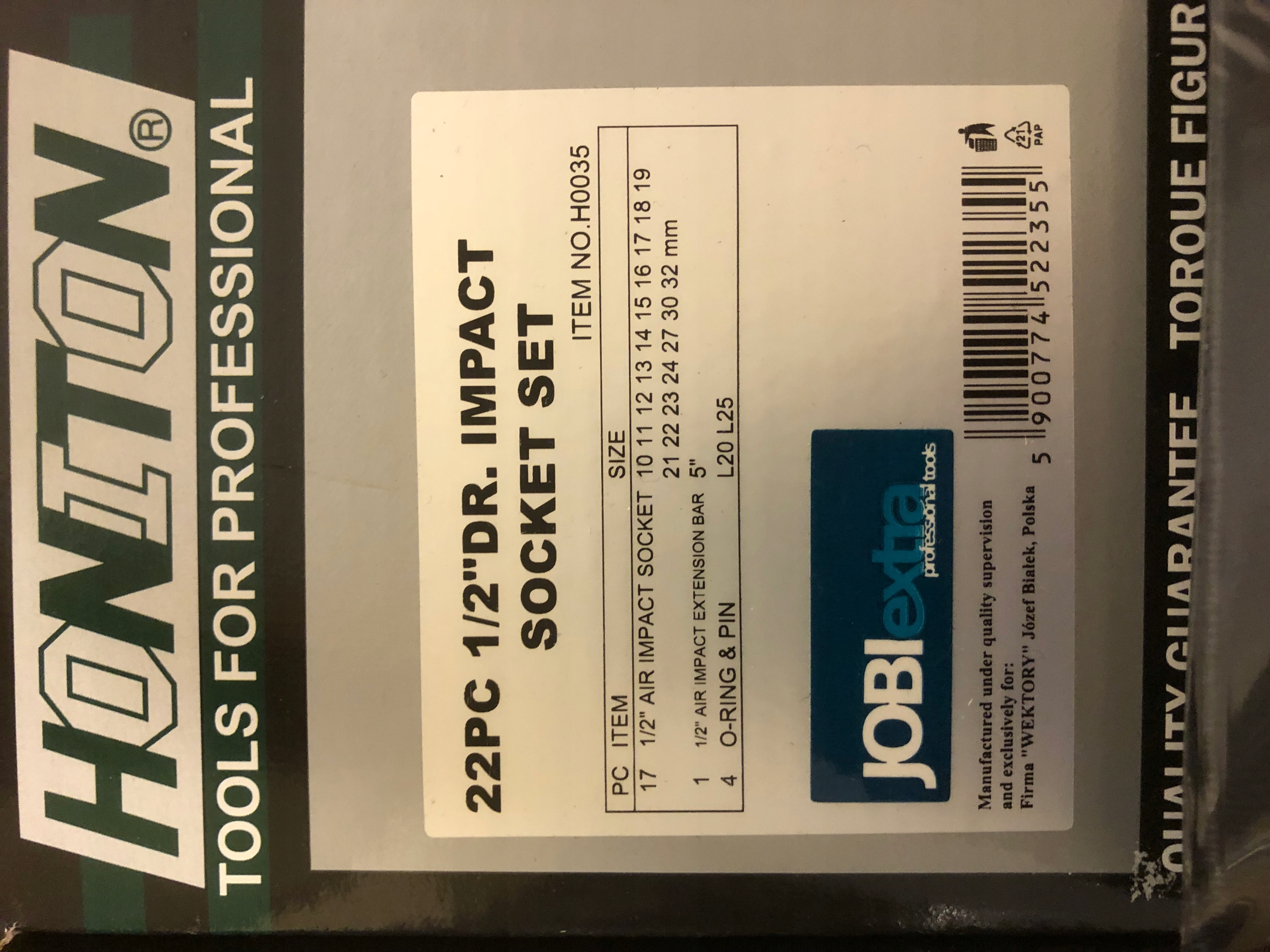 Honiton nasadki udarowe Zestaw 1/2'' 10-32 mm Waga produktu z opakowaniem jednostkowym 3 kg