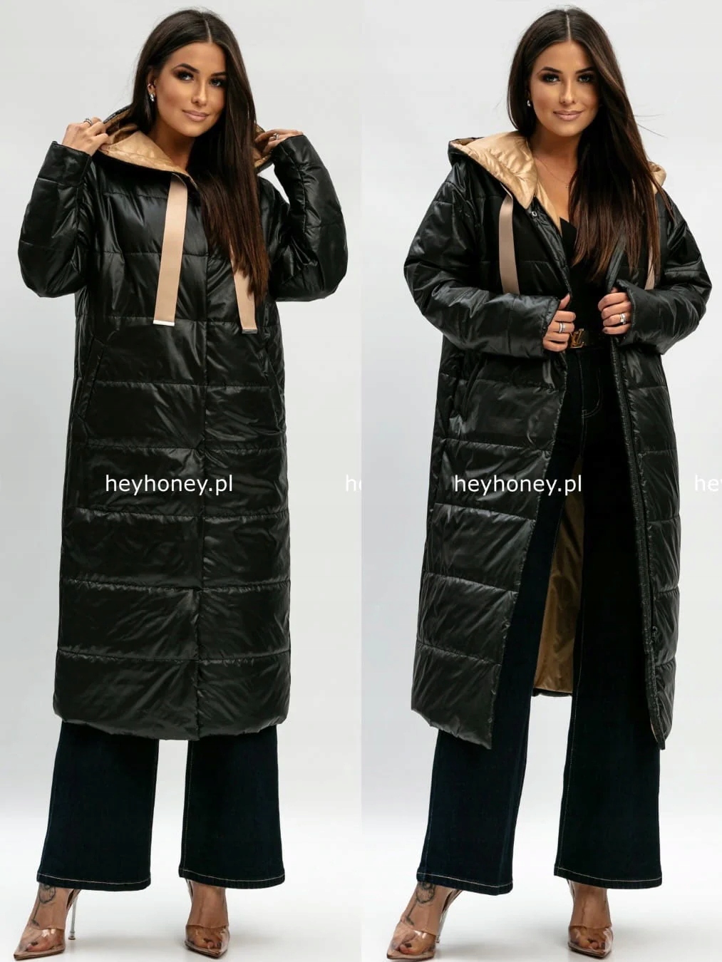 Bunda s prošíváním a kapucí, dlouhá, černá Clarity XXL